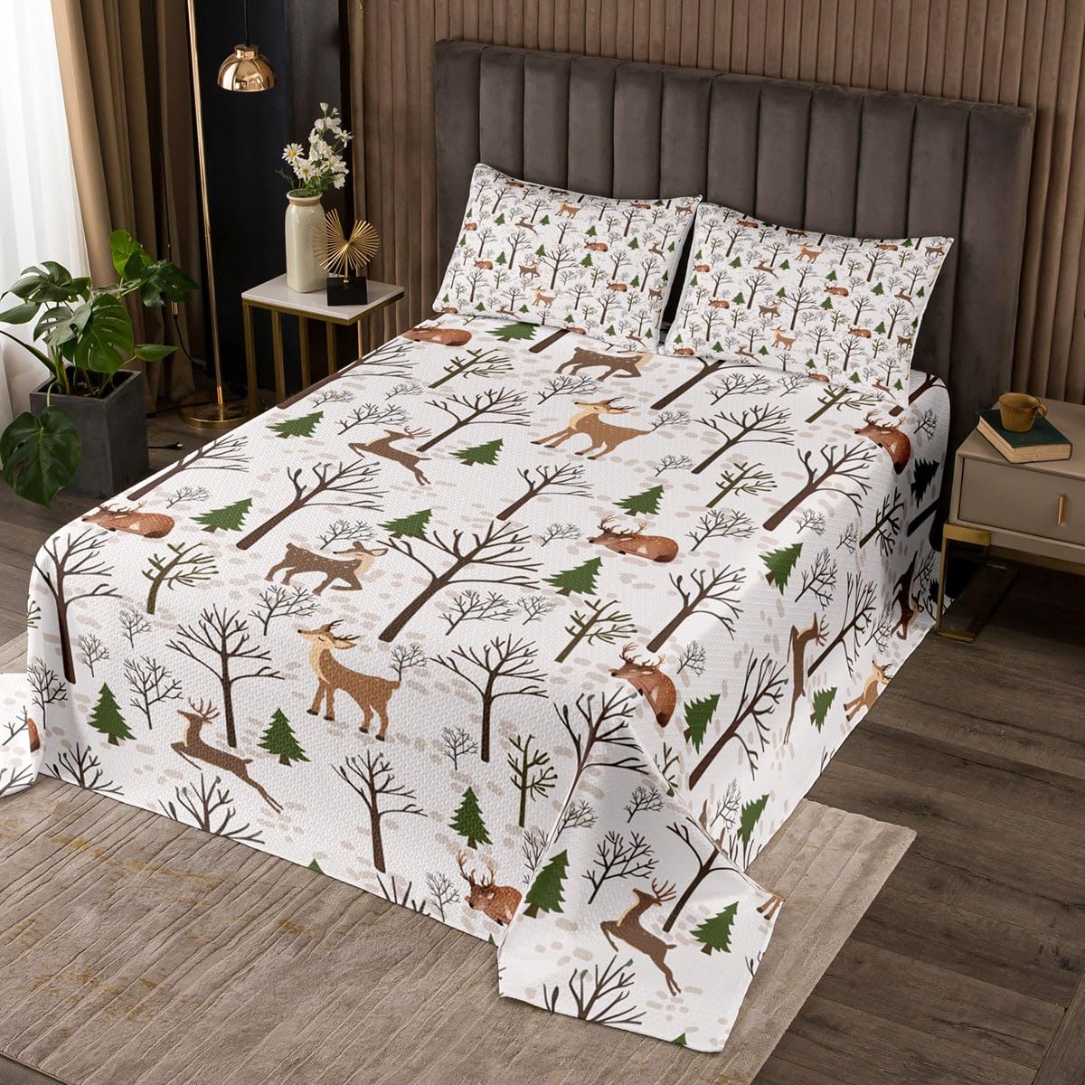 Feelyou Kids Cartoon Deer Coverlet Toddler Cute Brown Elks Bedspread Jungle Wild Animals Quilt Set for Children Boys Girls Nature Woodland Trees Quilted Bedroom Collection Bedroom Decor Twin Size