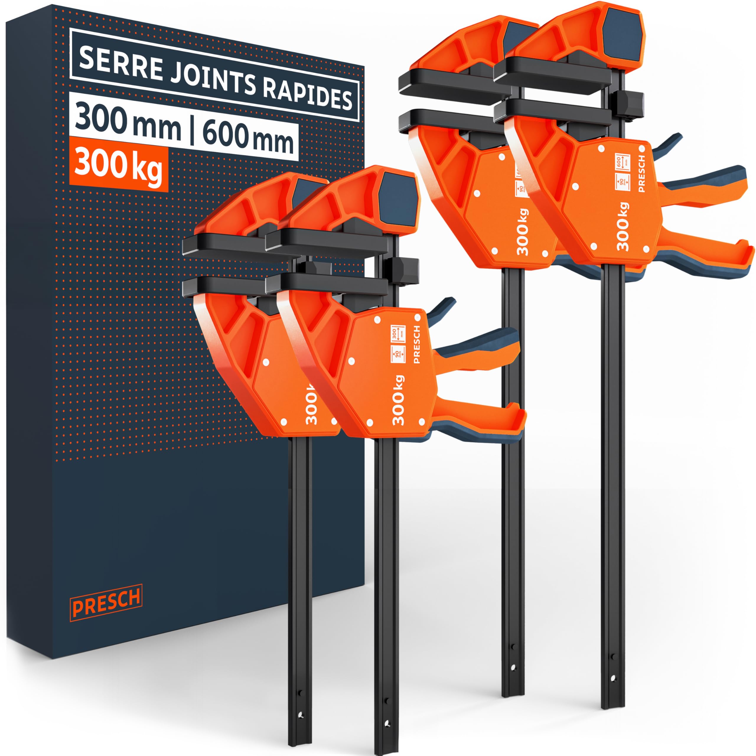 Presch Lot de Serre joints menuisier 300mm et 600mm 4 pcs - Serre joints rapide avec force de serrage 300kg et fonction d'écartement - Stabilité maximale grâce à l’acier carbone et à la fibre de verre