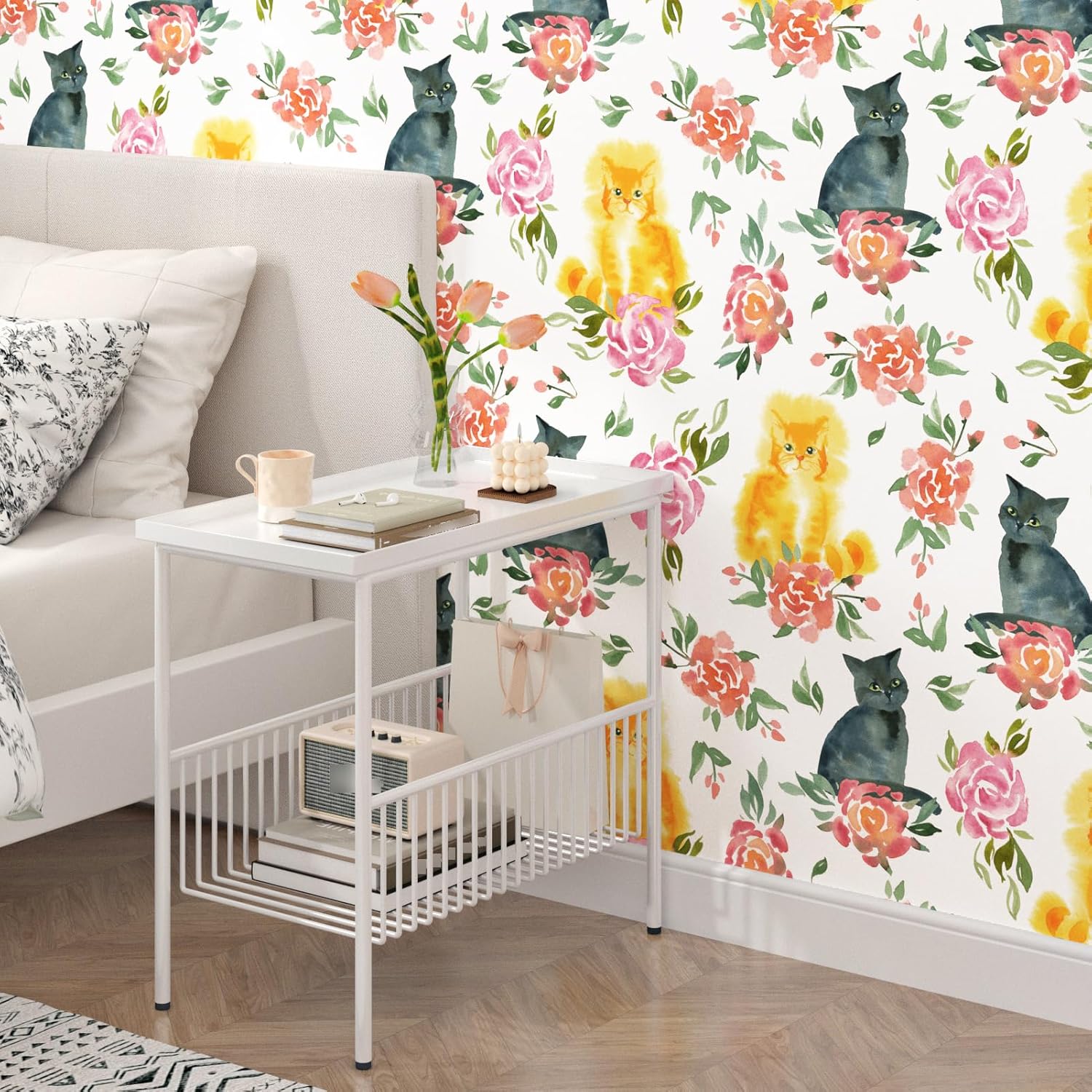 Watercolor Cat Wallpaper Peel and Stick Floral Wallpaper for Living Room Accent Wall Temporary 17.5"x102" Cute Self Adhesive Removable Contact Paper for Cabinets Shelves Drawers