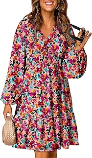Fall Dresses for Women 2025 Boho Floral V Neck Long Sleeve Smocked Elastic Waist Casual A-Line Mini Dress Sundress