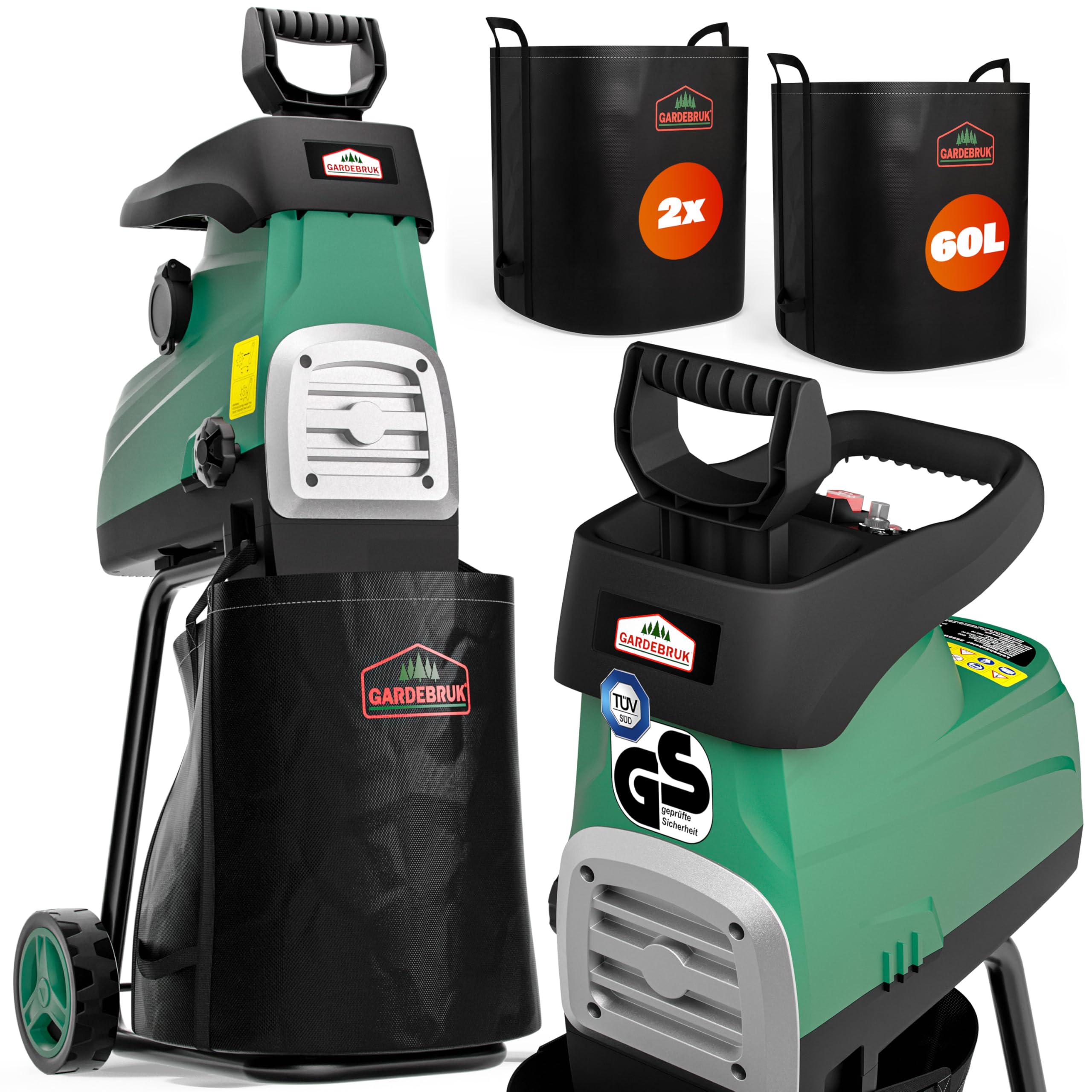 GARDEBRUK® Trituradora Silenciosa Eléctrica de Jardín 3100W máx. 2X Bolsas de Recolección 60L para Ramas máx.44mm