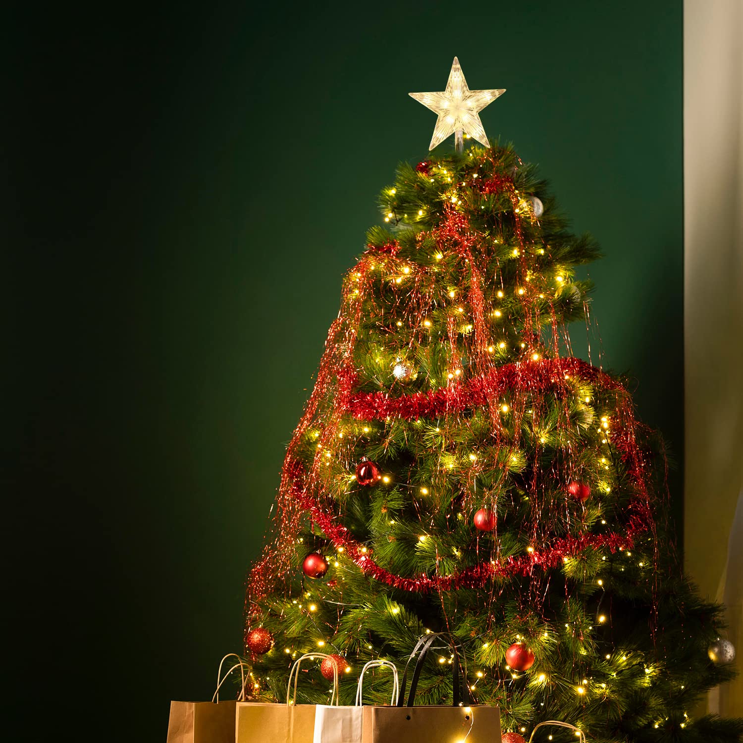 SALCAR 3m Christbaumbeleuchtung mit Ring, 10 Girlanden und Sternspitze, 360er LED Lichterkette Tannenbaum Christmas Tree Lights mit 8 Modi, Warmweiß