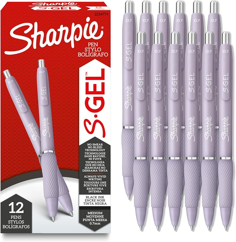 Sharpie S-Gel, bolígrafos de gel, punta media (0,7 mm), barril violeta helado, tinta negra, 12 unidades