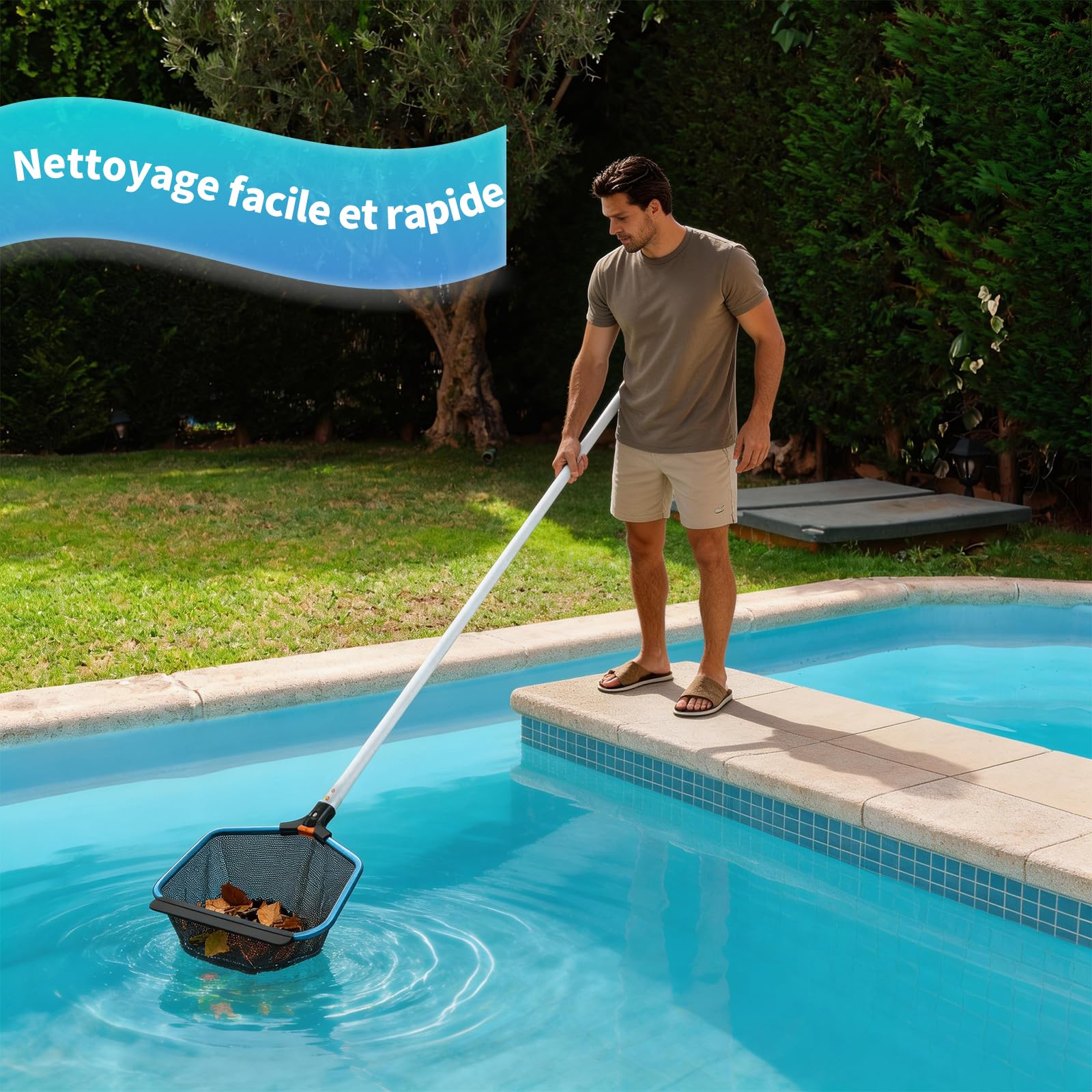 Épuisette de Fond de Piscine avec Cadre en Aluminium Robuste, Filet de Nettoyage à Feuilles pour Piscine, Étang, Spas, Fontaine, Parc Aquatique, avec 2 Filets (sans Perche Réglable)