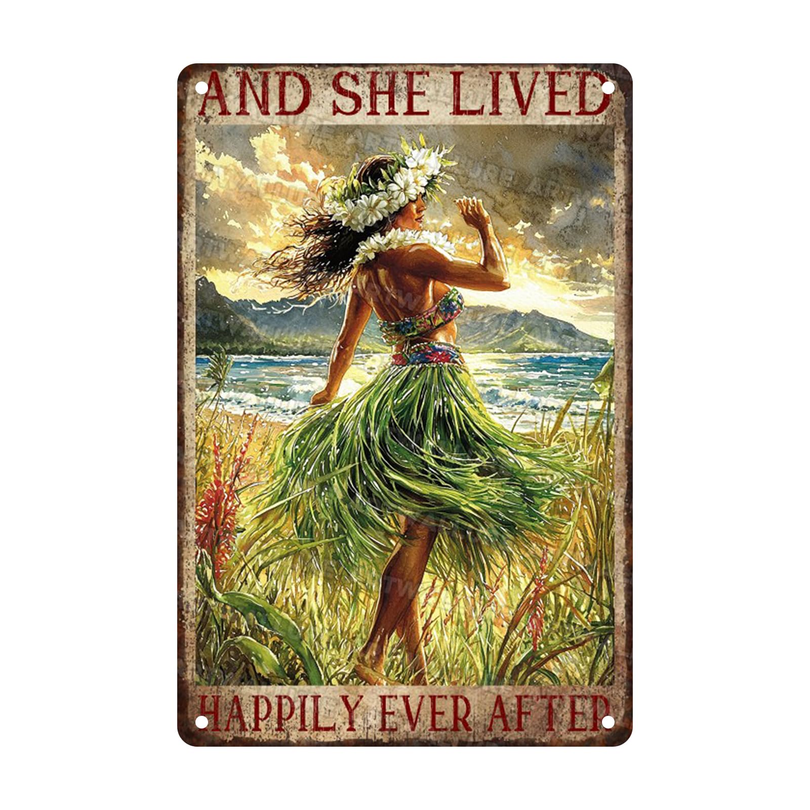 Hawaiian Hula Girl Vintage Metal Poster and She Lived Happily Ever After Metal Sign Retro Wall Decor for Backyard Garage Man Cave 8x12inch