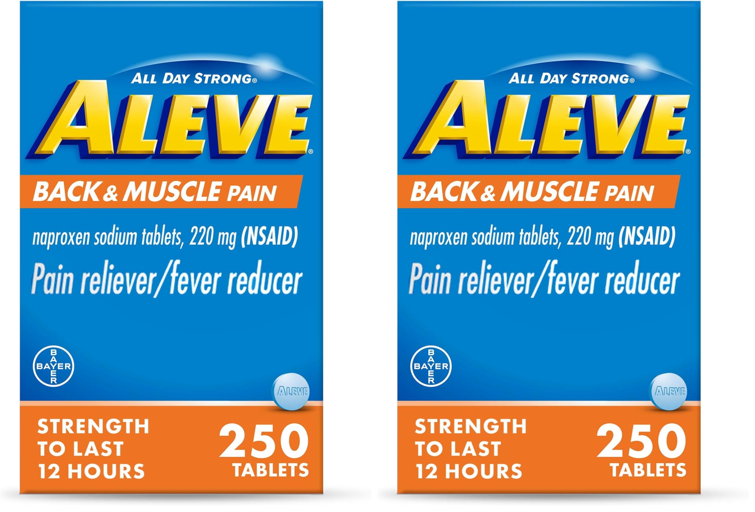 Aleve Back & Muscle Pain Relief Naproxen Sodium Tablets,Pain Reliever & Fever Reducer,Medicine for Body,250 Count (Pack of 2)