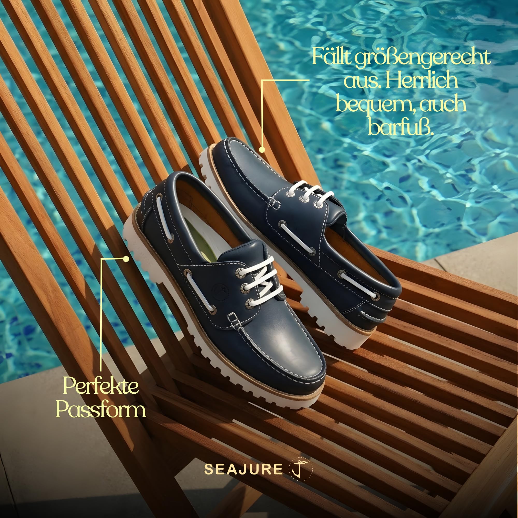 Seajure Sibang Bootsschuhe Damen Leder, Handgefertigte Segelschuhe und Mokassins, rutschfeste Gummisohle, Bequeme Maritime Sommer Slipper, Leichte Echtleder Schuhe in Marineblau/Weiß