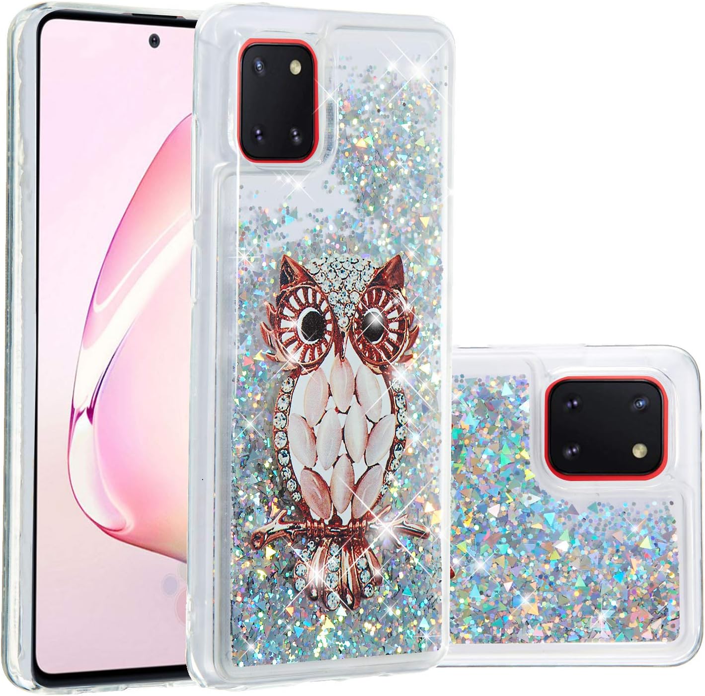 Mylne Liquid Clear Case for Samsung Galaxy Note 10 Lite,Soft Glitter Shockproof Cover Floating Bling Sparkle Shiny Heart Quicksand Liquid Clear Protective Case Cover-Shell Owl