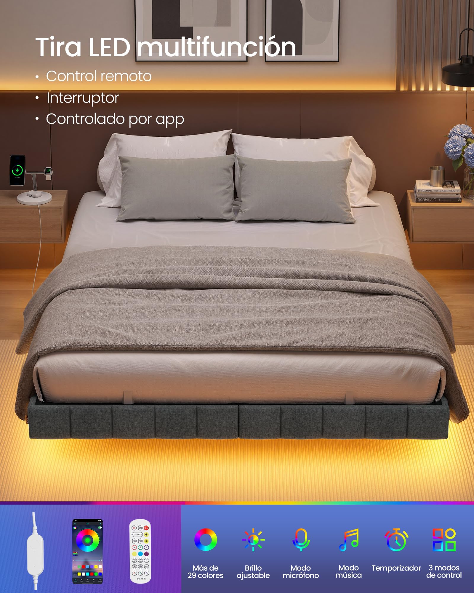 VASAGLE Marco de Cama Flotante, 140 x 200 cm, Bordes Acolchados, LED, 2 Tomas de Corriente, 1 Puerto USB-A, 1 Puerto USB-C, 1 Puerto USB-A Posterior, Carga de 500 kg, Gris Pizarra RMB164G101