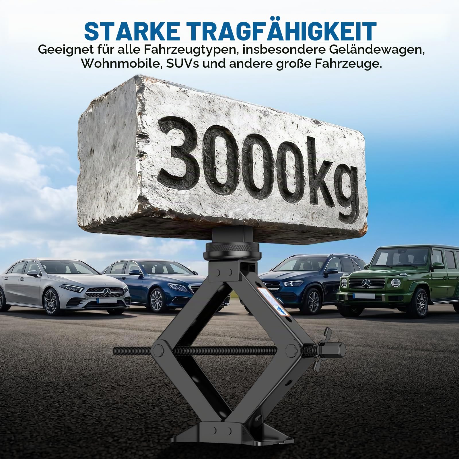 Scherenwagenheber 3T für Mercedes-Benz, Verstärkter Stahl Wagenheber mit Ratsche & kratzfester Gummiauflage Schützt Auto, Tragbarer Wagenheber Auto-Notfallset für Mercedes Benz Serie