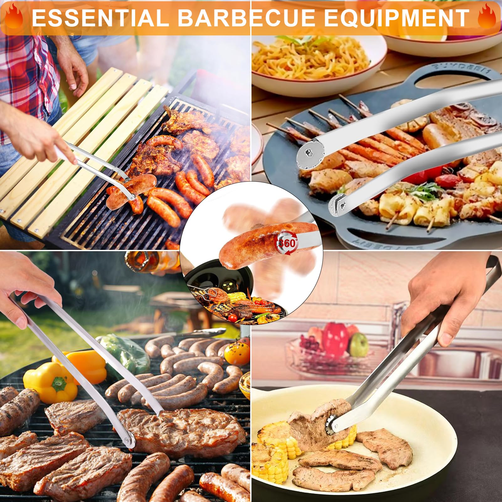 Pince à Saucisse BBQ,Pince Barbecue Roulette,Pince à Retourner les Saucisse,Pince Barbecue Inox à Roulettes,Pince Barbecue Rotative,Pour Cuisine,Barbecue