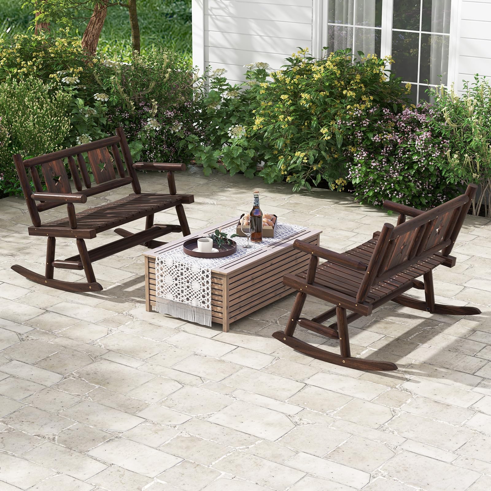 COSTWAY Banco Mecedora Jardin Exterior de 2 Plazas, Banco Madera Carbonizada con Respaldo y Reposabrazos, Banco Jardin Patio Terraza Porche, Carga 320 kg, 111 x 85 x 89 cm, Marrón Rústico