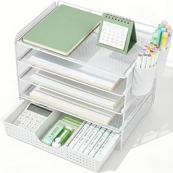 LEKETREE Desk Organizer and Accessories, 5-Tier Paper Letter Tray Organizer with Drawer & 2 Pen Holders for Desktop File Organization, Office Desk Accessories for Supplies Storage White