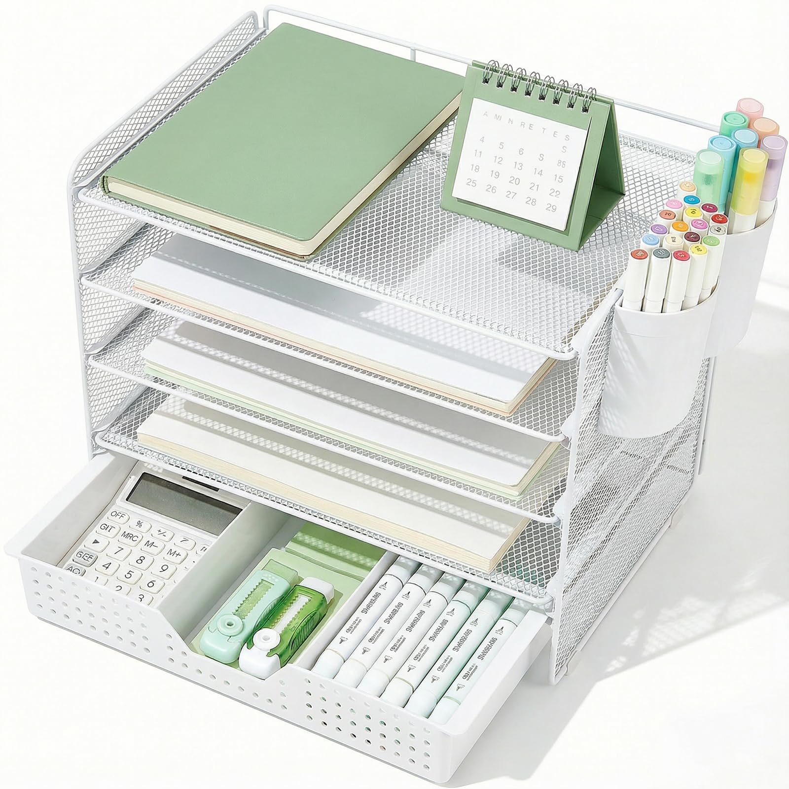 Photo 1 of LEKETREE Desk Organizer and Accessories, 5-Tier Paper Letter Tray Organizer with Drawer & 2 Pen Holders for Desktop File Organization, Office Desk Accessories for Supplies Storage (White)