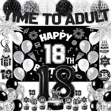 18th Birthday Decorations for Boys Girls, Black 18th Birthday Supplies Include Time To Adult Banner Happy 18th Birthdays Backdrop Cake Topper for 18 Year Old Birthday Decor