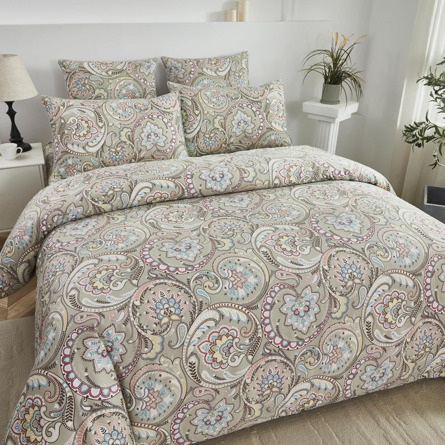 ABREEZE Vintage Floral Duvet Cover Set - 100% Egyptian Cotton Paisley Brown Bedding Set 1 Duvet Cover with 2 Pillowcases Soft Breathable with Button Closure (King)