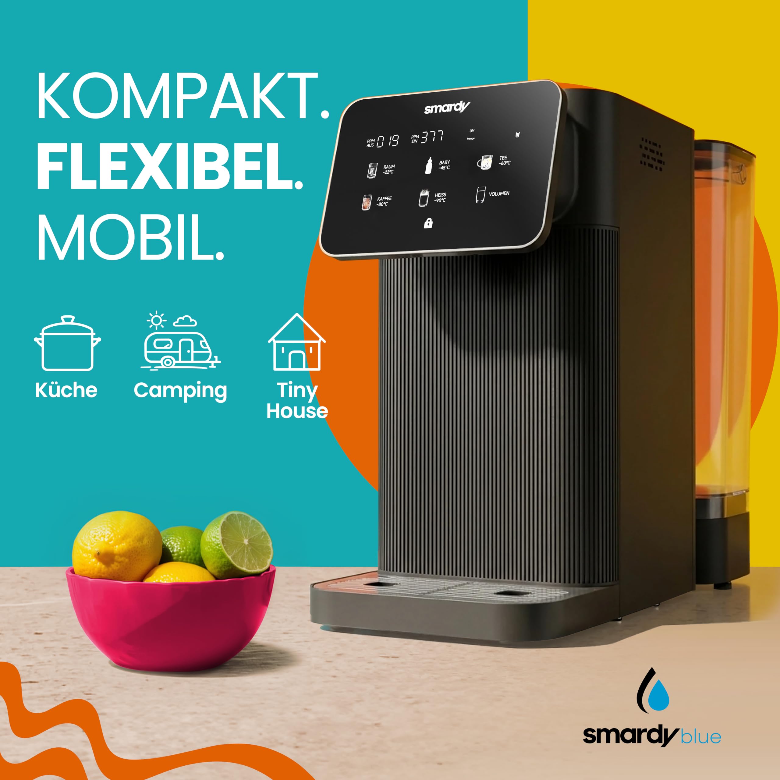 smardy blue tayma Osmoseanlage Auftisch – Umkehrosmoseanlage mit 5 Temperaturen & Heißwasser bis 90 °C, 5-stufige Wasserfilteranlage für Trinkwasser, ohne Festwasseranschluss, mobil für Küche & Van