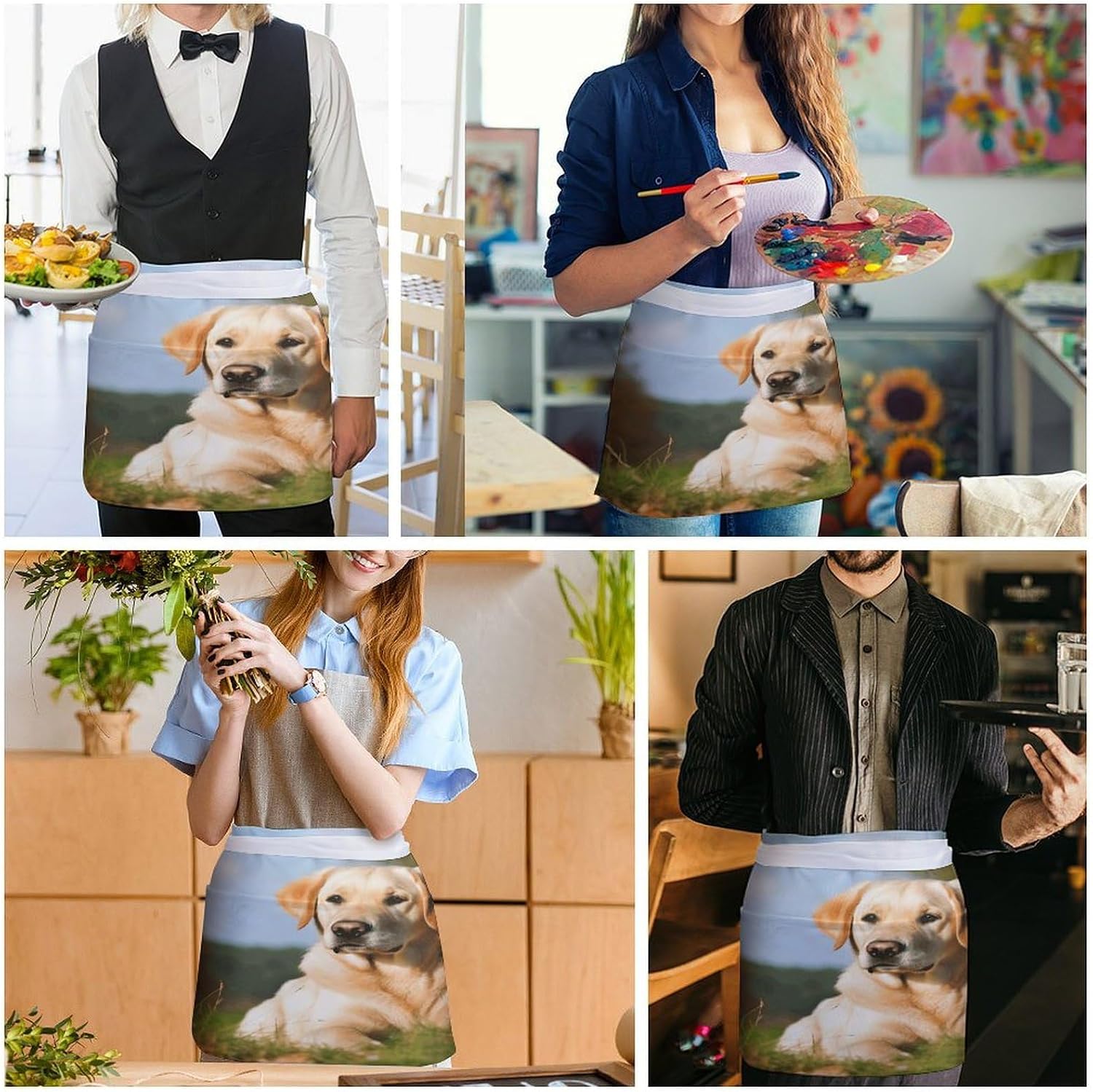 Cute Labrador Dog Server Aprons for Women And Men Waterproof Half Apron with 3 Pockets Deluxe Oxford Fabric Waist Aprons Adjustable Chef Apron for Kitchen Bar Home