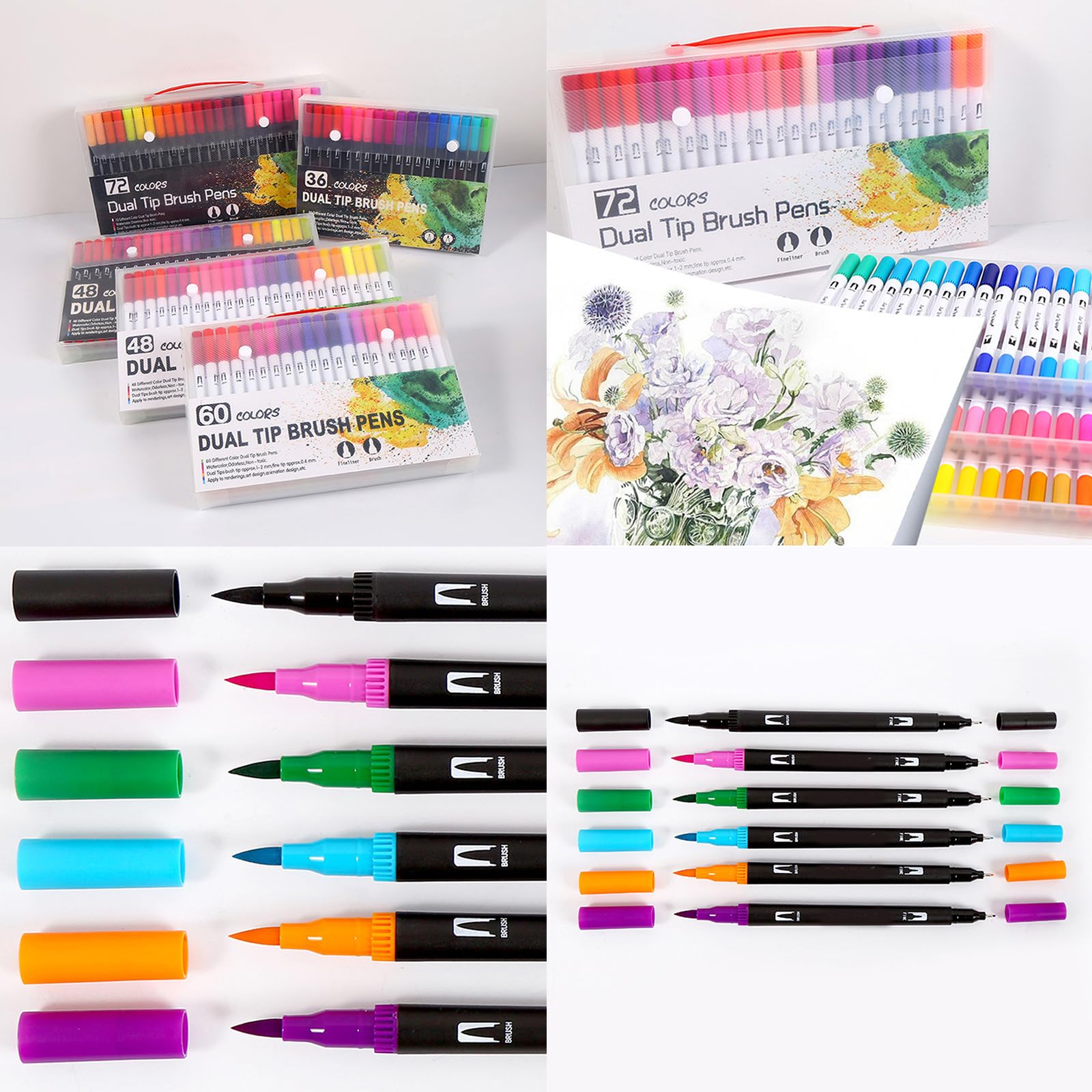 Lot de 36/48/60/72/100 feutres de couleurs pour aquarelle, lettrage à la main, stylo aquarelle à pointe en feutre pour dessin et coloriage