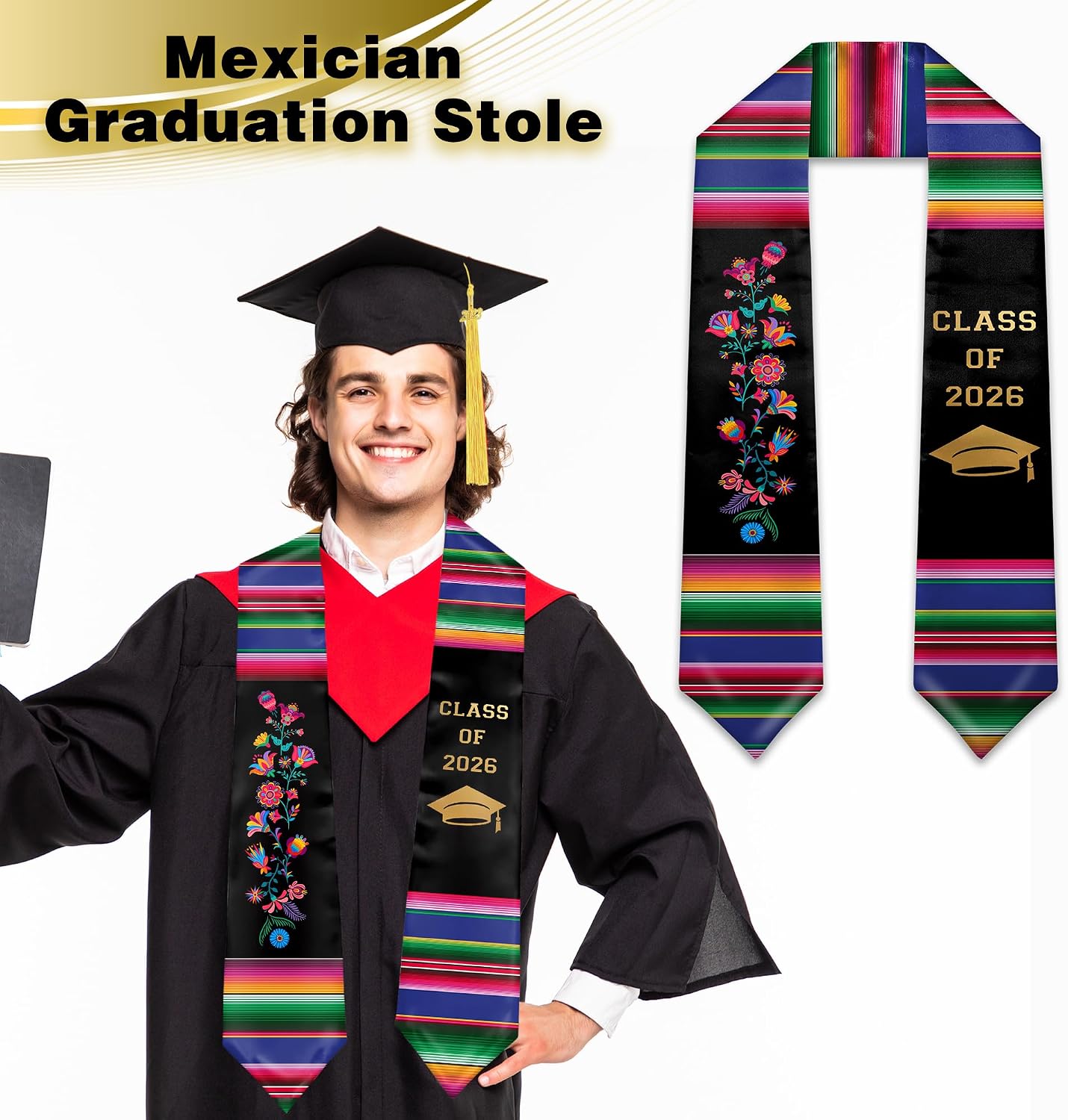 Mexican Graduation Stole,Mexican Sarape Graduation Sash Scarf,Hispanic Serape Stole,Mexico American Stole 72" Long