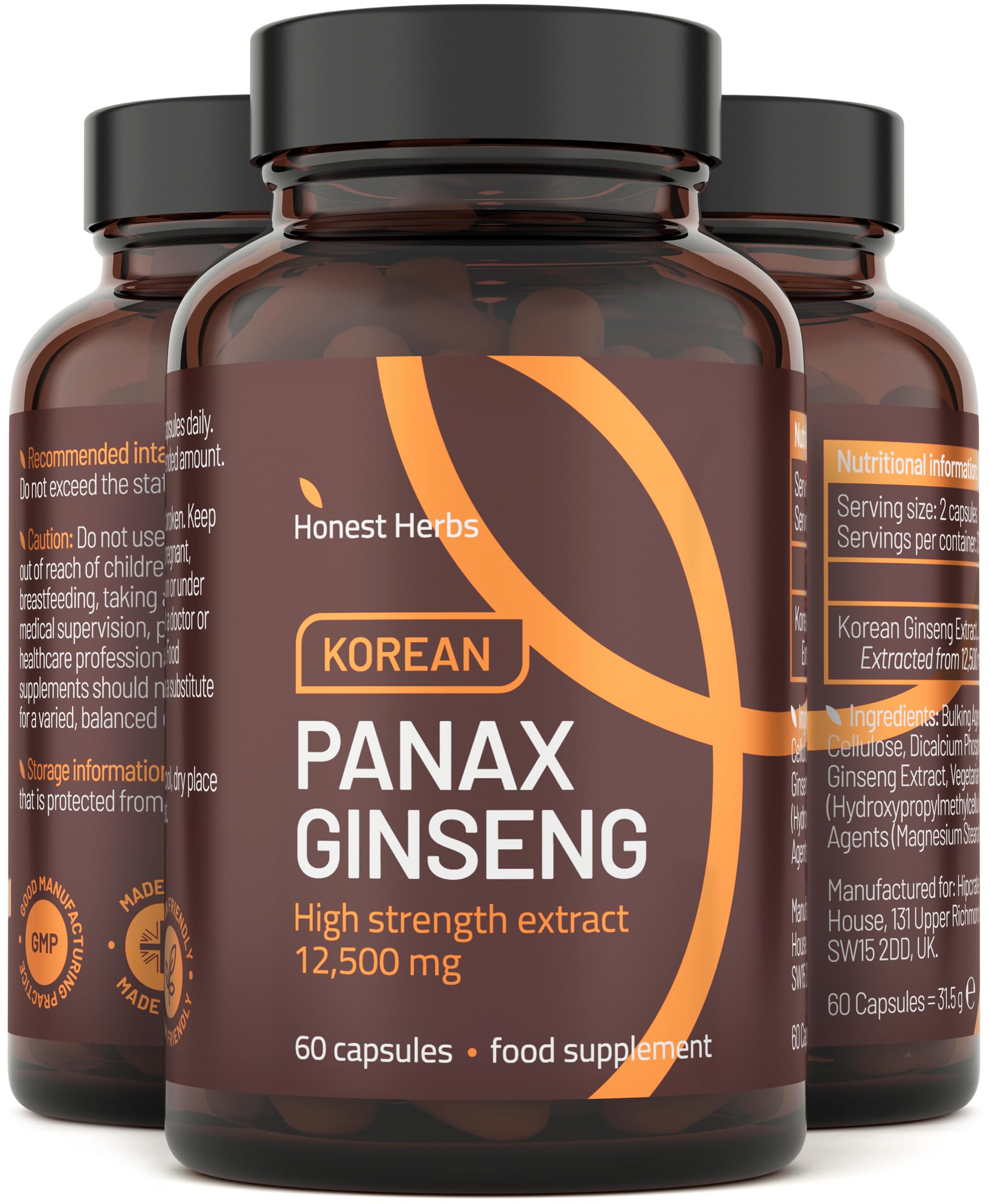 Korean Ginseng Tablets 12500mg - Panax Red Ginseng Extract High Strength - 60 Capsules - Premium Ginseng Root Standardised Ginsenosides - Natural Herbal Supplements for Men & Women - Made in The UK