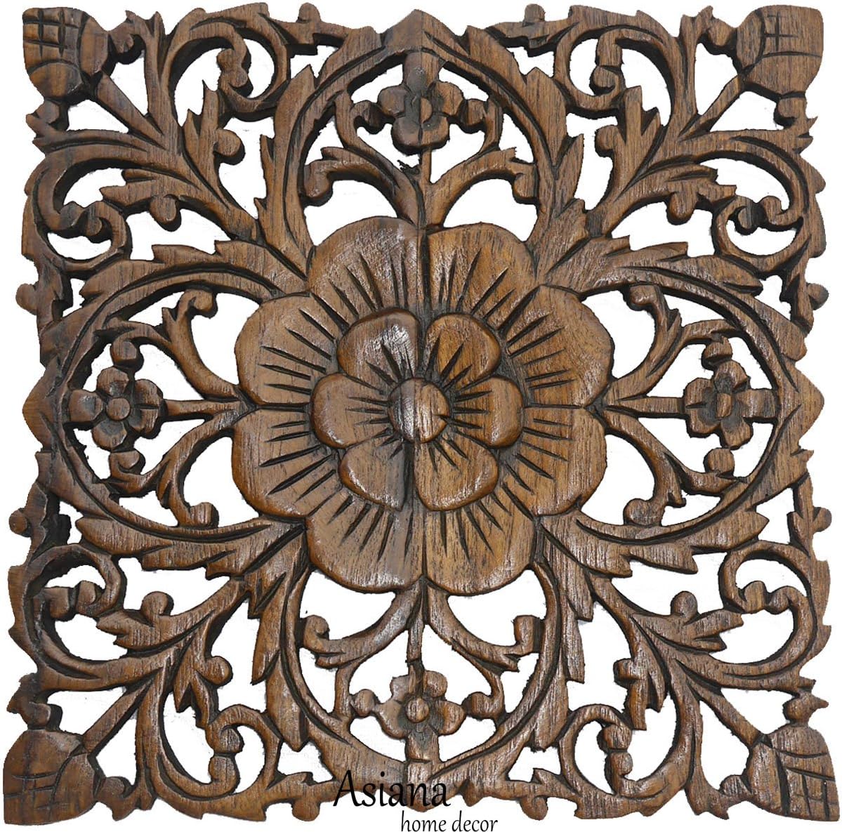 Set of 3 Carved Wood Wall Plaques. Floral Wood Wall Hanging. Rustic Wood Wall Decor. Brown. Size 12" Square : Home & Kitchen