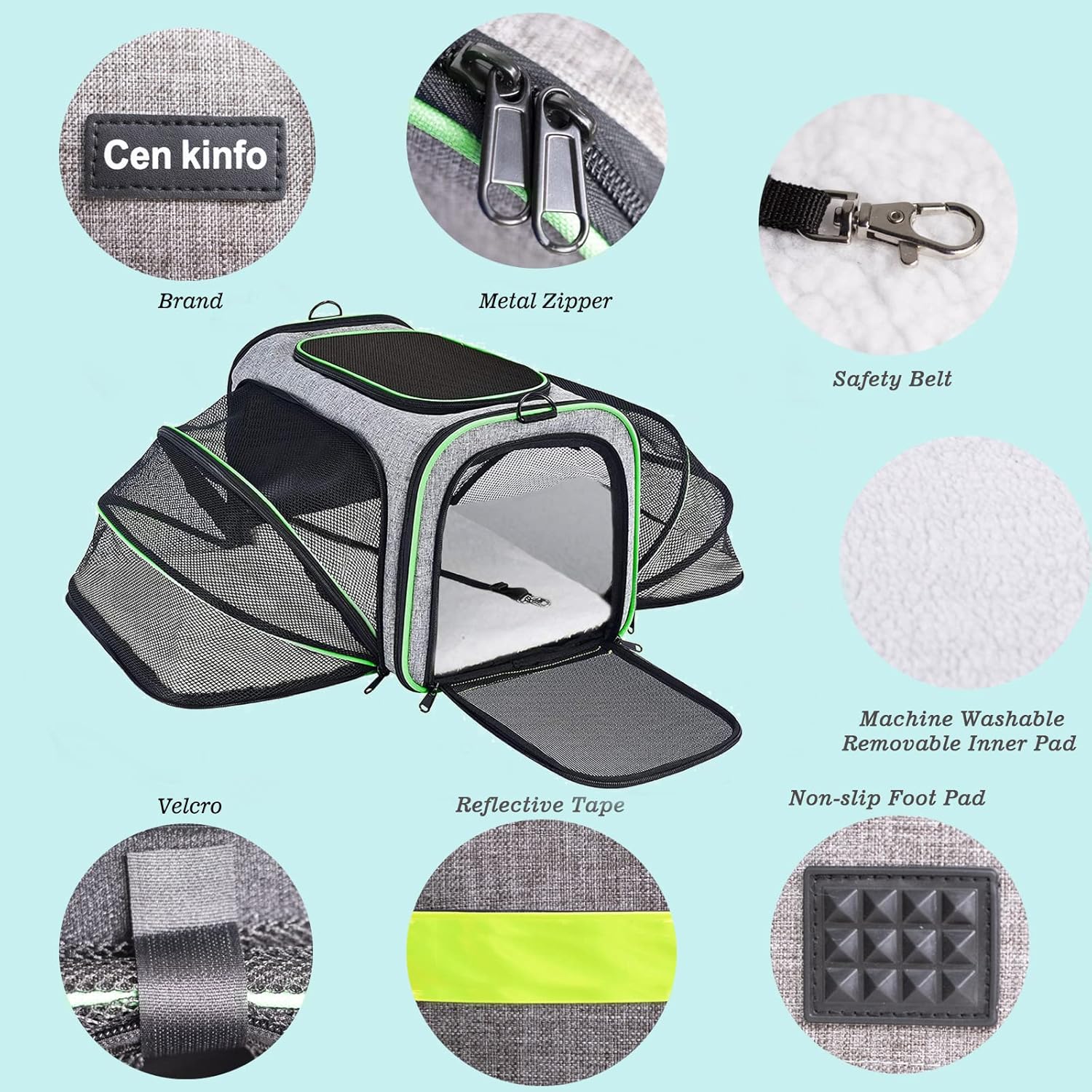 CenKinfo Airline Approved Pet Carrier , Dog Carriers 2 Sides Expandable Dog Cat Carriers with Removable Fleece Pad Reflective Tapes TSA Approved Soft Sided Travel Bag for Cats,Puppy and Small Animals : Pet Supplies