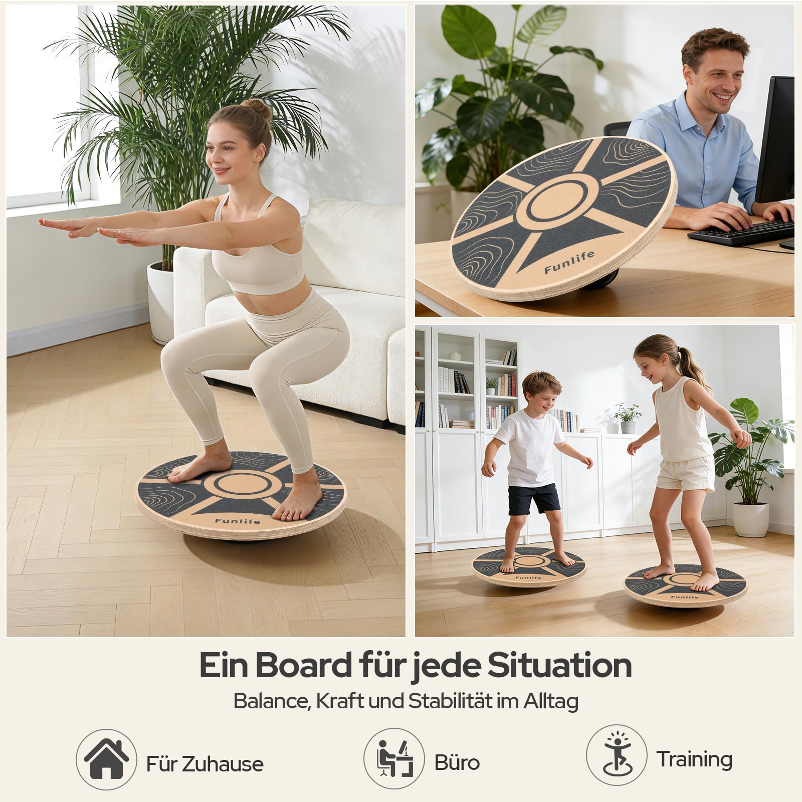 FunLife Balance Board aus Holz – Stabiler Gleichgewichtstrainer für Core Training, Fitness & Balance, Rutschfest & Langlebig