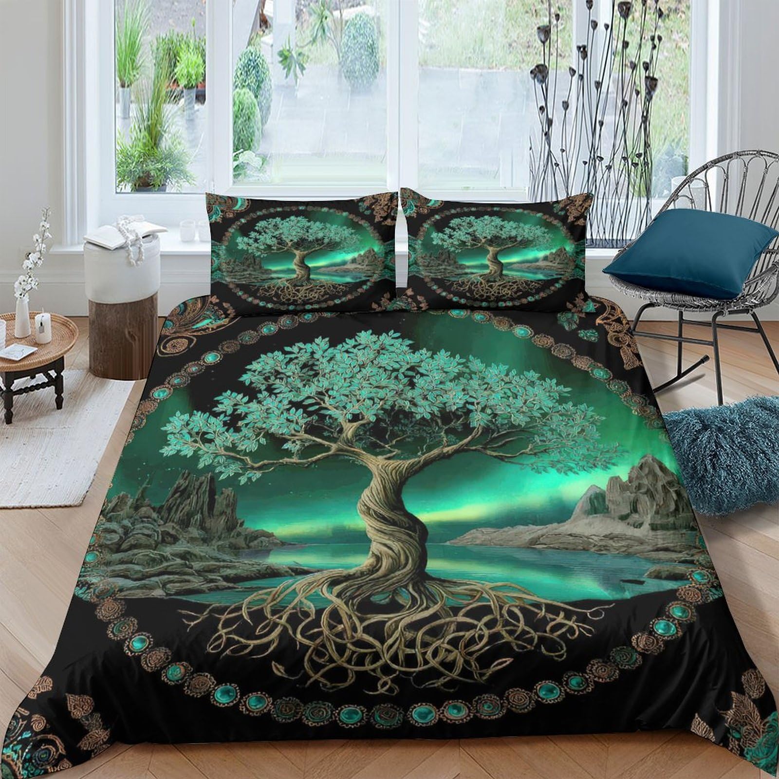 Ctjqhvkz Style-3 3D Printed Nordic Tree Of Life Fitted Sheet Microfiber Anti-Slip Mattress Cover For Bedroom Decor Machine Washable Single（135X200cm）