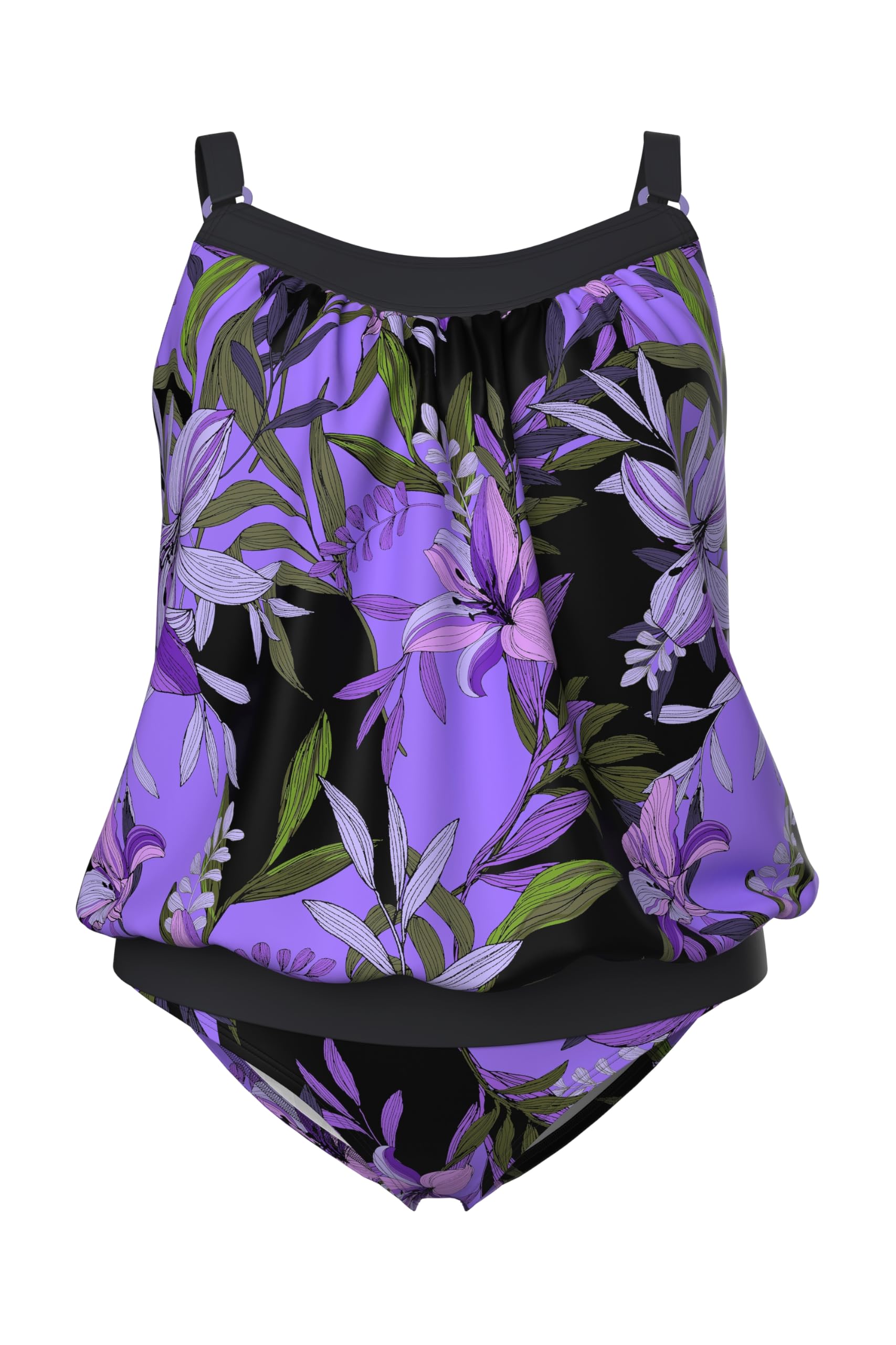 Ulla Popken Damen große Größen Übergrößen Plus Size Tankini, Lilien, Softcups, Elastiksaum, Träger verstellbar 846592