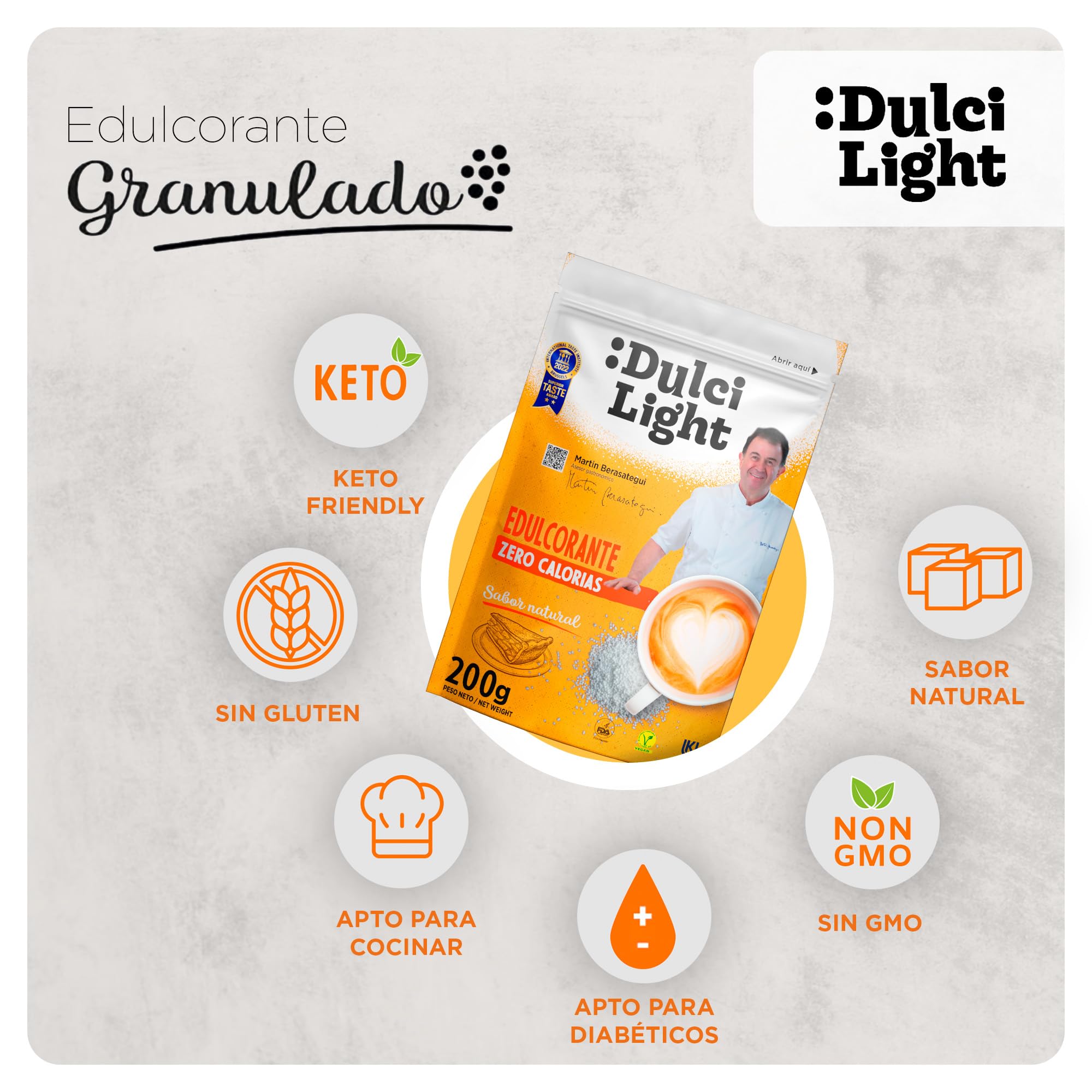 Dulcilight Edulcorante Sucralosa Zero Doypack 200 gr Sabor Natural Granulado con Fibra Vegetal Keto