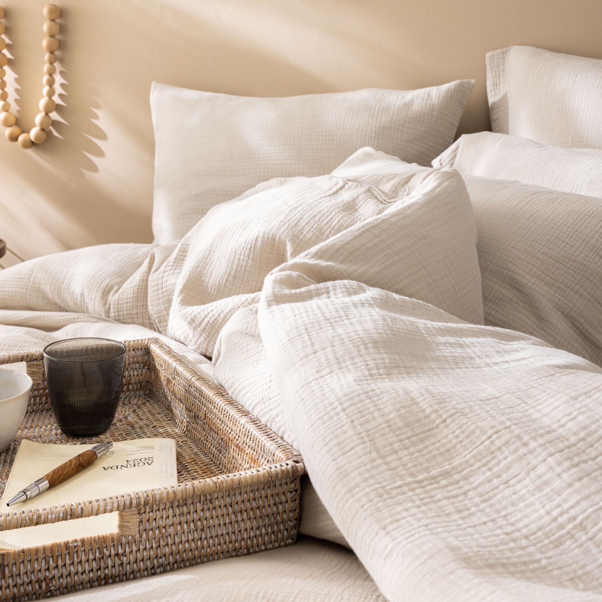 MATT & ROSE Parure de lit Unie Double Gaze de Coton | 100% Coton de qualité supérieure | Oeko-TEX | Housse de Couette 260x240cm + 2 Taies d'oreiller 50x70cm | Naturel