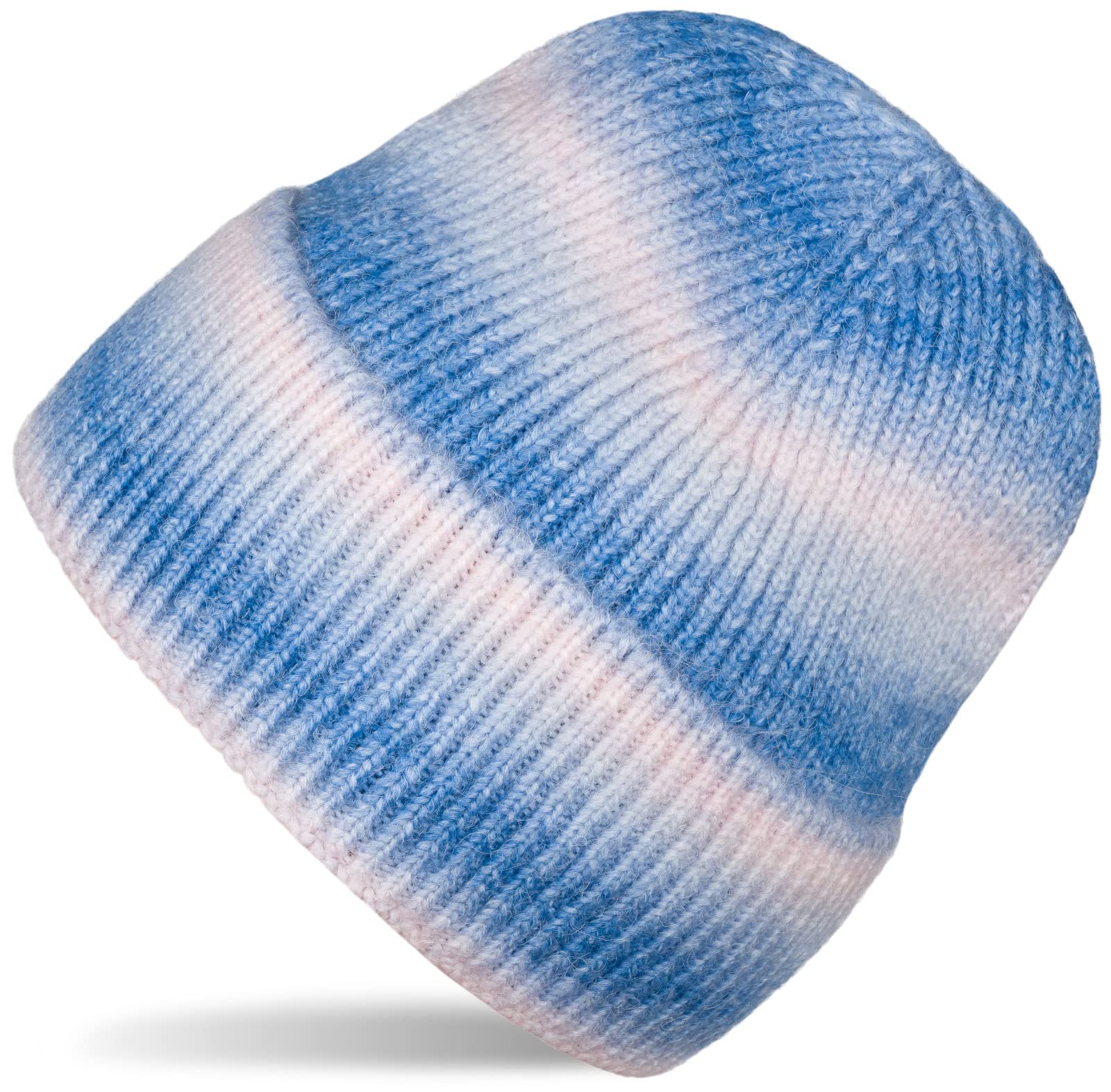 Stylebreaker Women's Blue-Rose Knitted Beanie With Stripes Colour Gradient In Ombré Look, Fine Knitted Hat, Knitted Beanie 04024199, Colour: