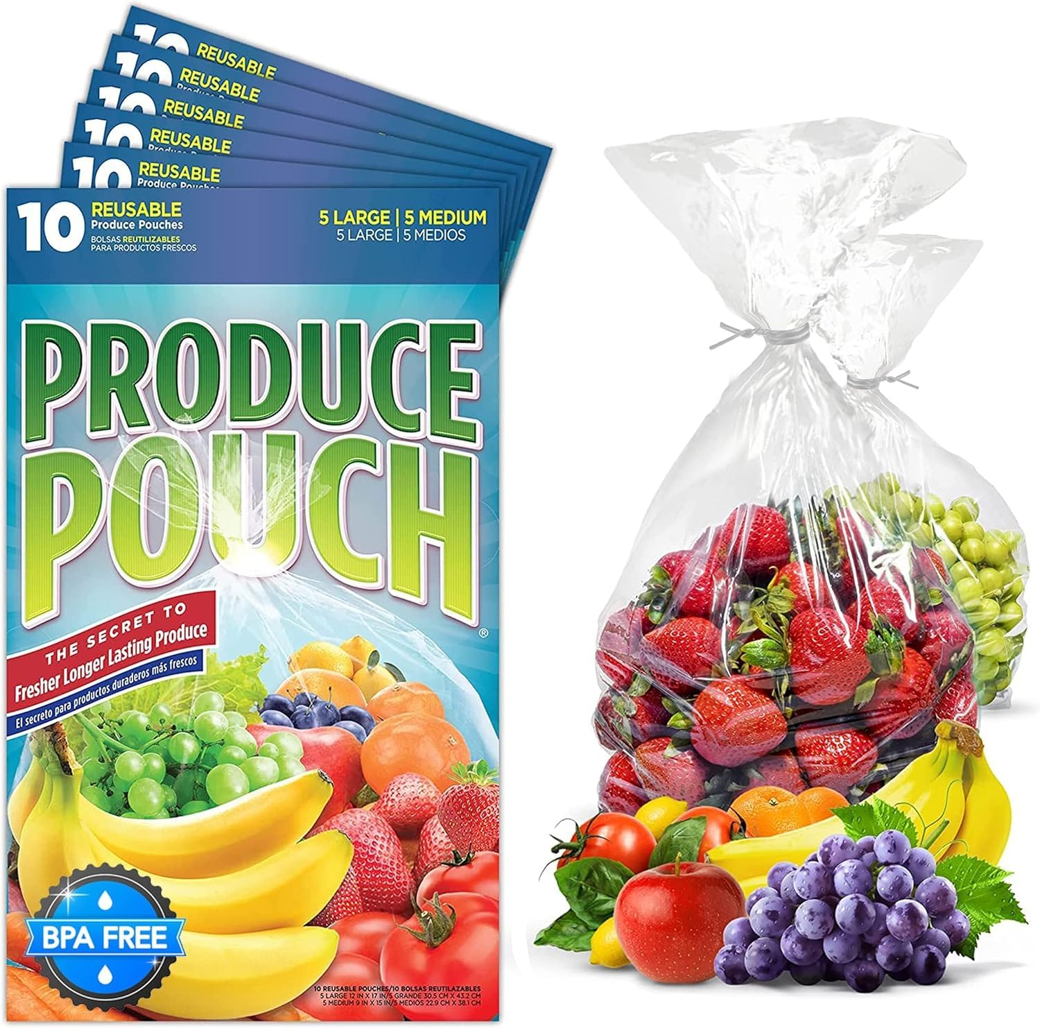 Reusable Vegetable Produce Bags by – Keeps Fruit, Vegetable, Herbs Fresh Longer, Prevent Food Waste - BPA and Lead-Free Produce Saver Storage Green Bag - Set Of 60 w/ Twist-Ties