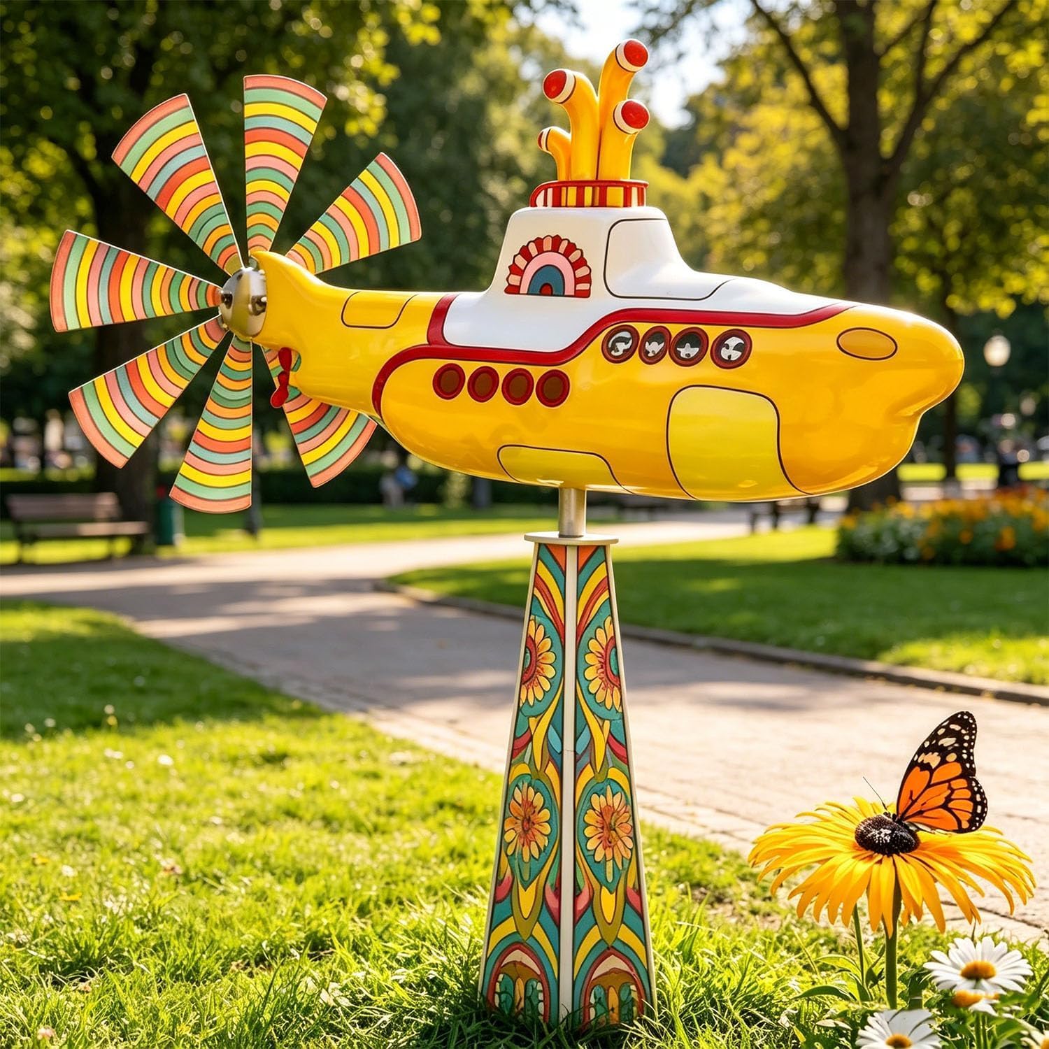 Yellow Submarine Shape Wind Spinner Heavy Duty Metal Structure UV Resistant Rust Proof Kinetic Wind Decor For Patio Porch Yard Lawn Home Outdoor Garden Ornament (1PCS)