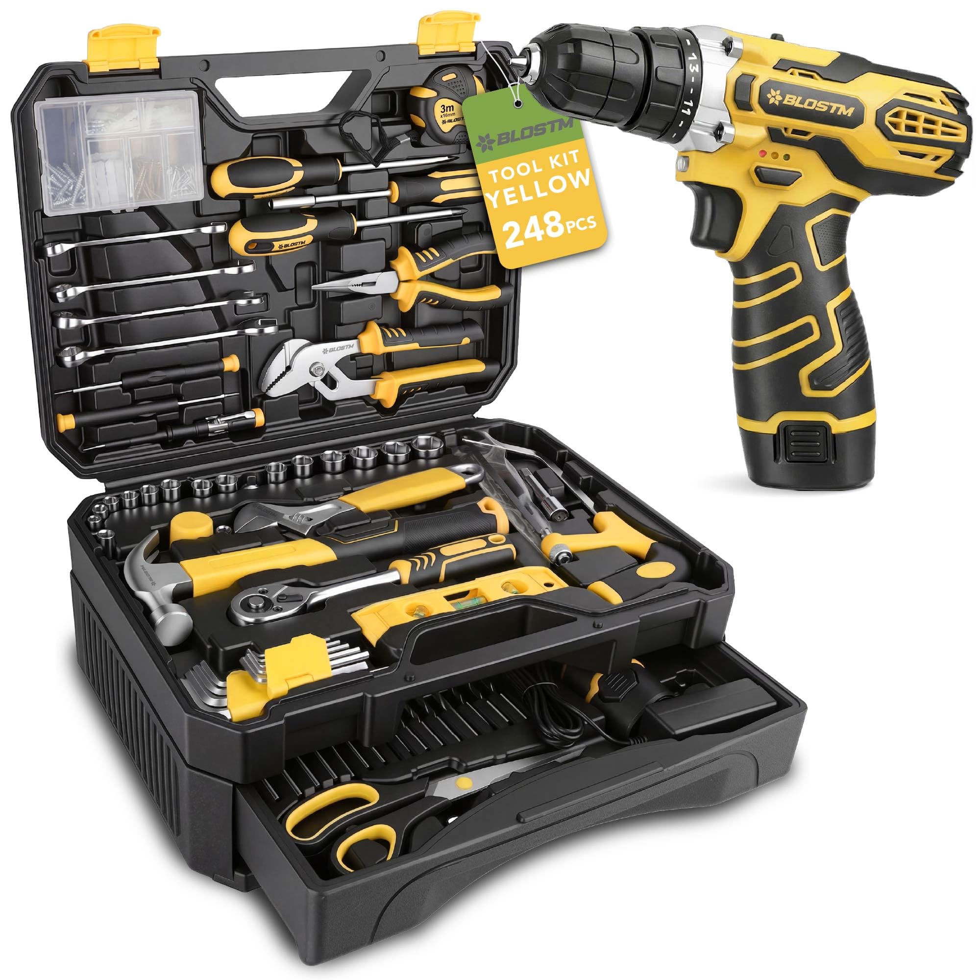 BLOSTM 248 Piece Tool Kit with Drill - 12V Cordless Drill & Hand Tools for DIY, Home Repairs, Mechanic Tool Set - Portable Large Toolbox with Storage Drawer, Screwdrivers, Bits, Pliers & More (Yellow)