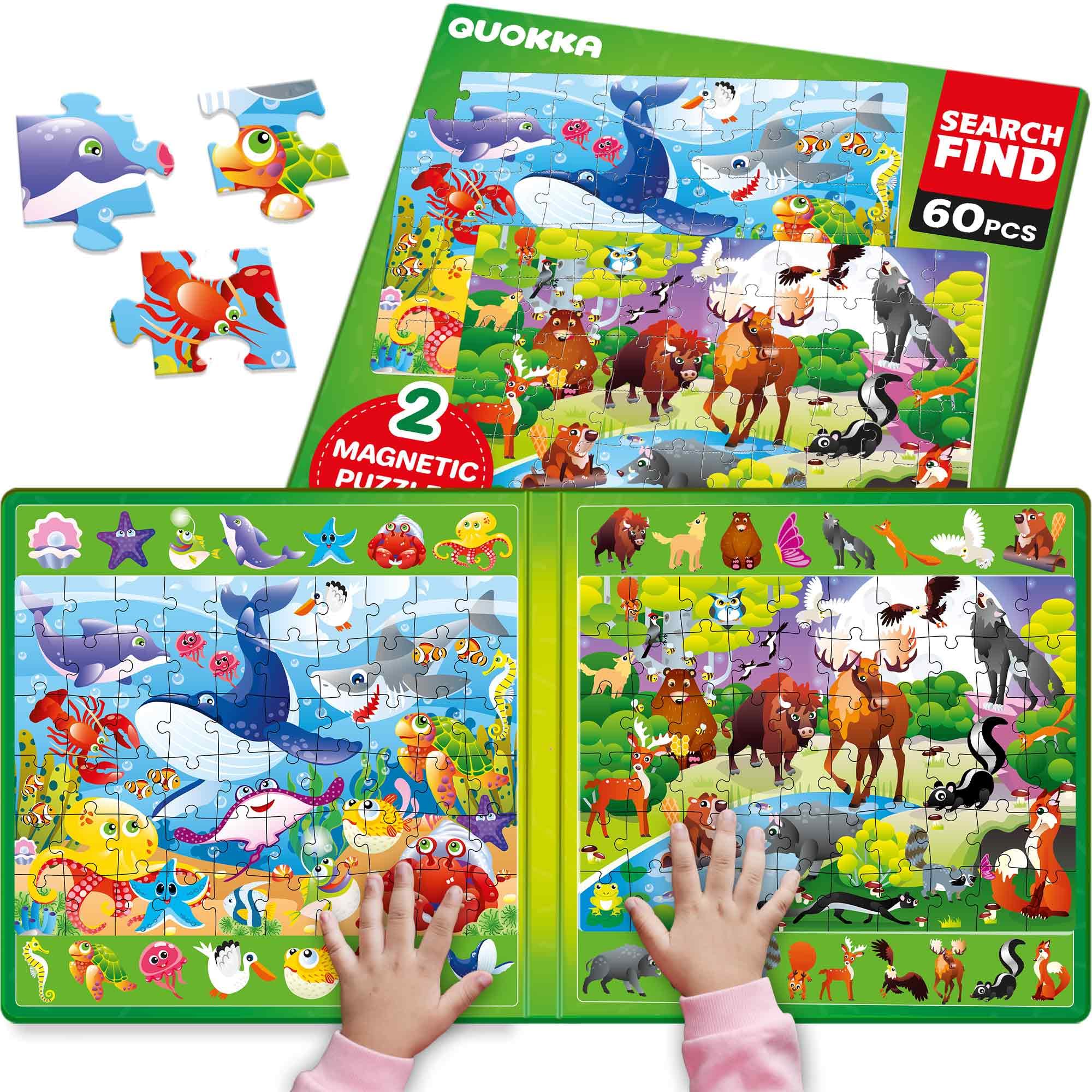 QUOKKA Magnetic Puzzles For 3 4 5 Year Olds - Search & Find 2 Pack 60 Pieces Each - Travel Toy Activities For Kids With Hidden Objects, Ocean and Forest Scenes - Educational Jigsaws For 6 7 Year Olds