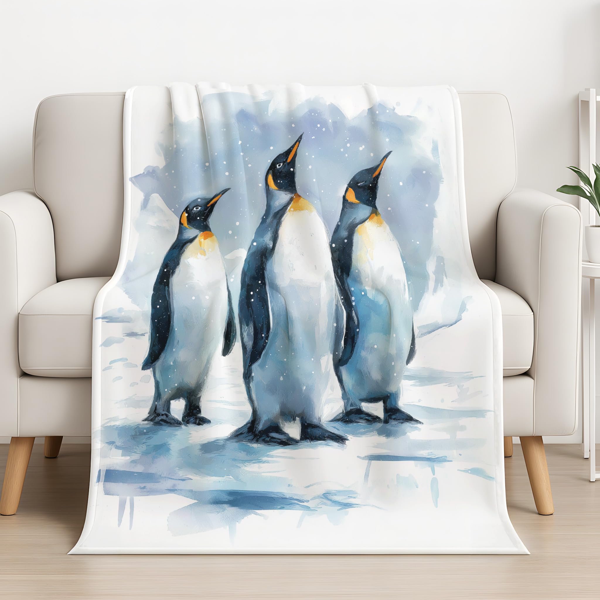 Generico Puszysty koc na sofę 150 x 200 cm, niebieski lód akwarela motyw kocyk prezenty dla mamy taty chłopak dziewczyna rodzina pingwin junior koce do domu sofa łóżko pokój dziecięcy