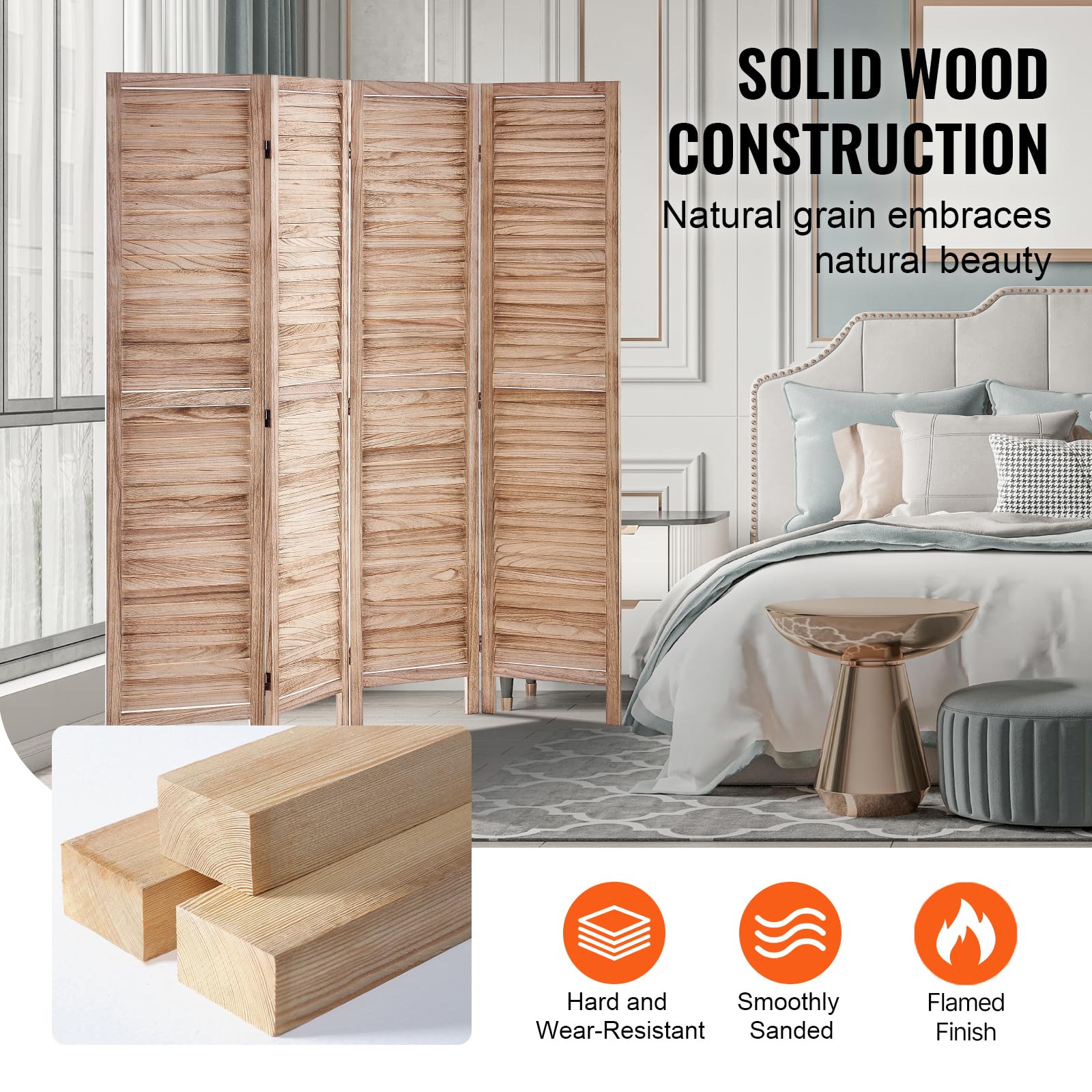 VEVOR Separador De Habitación De Madera, Pantalla De Privacidad Plegable De 4 Paneles, División De 66.9 Pulgadas De Alto, Decoración Portátil En Luz Neutra