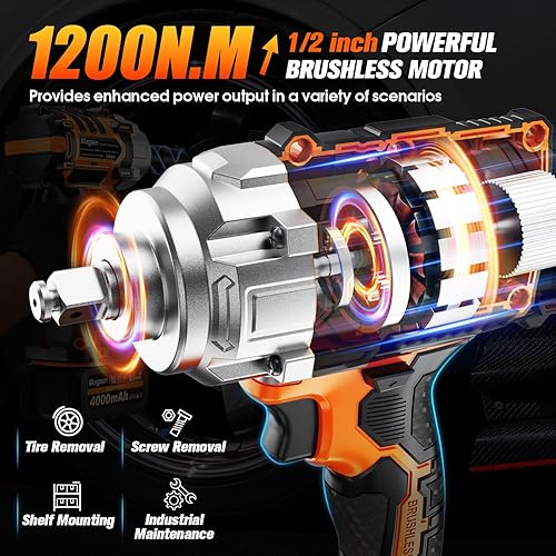 Miniatura 2 de Llave de impacto inalámbrica de 12 pulgada, pistola de impacto sin escobillas de alto par de 900 pies-libras (1200 N.m), 3800 RPM, batería de 2 x