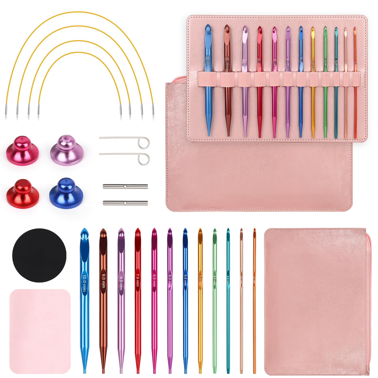 Coopay Tunesische Häkelnadel Set, 3,0-10mm Austauschbare Tunesische Regenbogen Häkelnadeln mit Seil 40cm/60cm/80cm/100cm, Afghanische Häkelnadel Set mit Rosa Aufbewahrungstasche, Anfänger Häkelnadeln