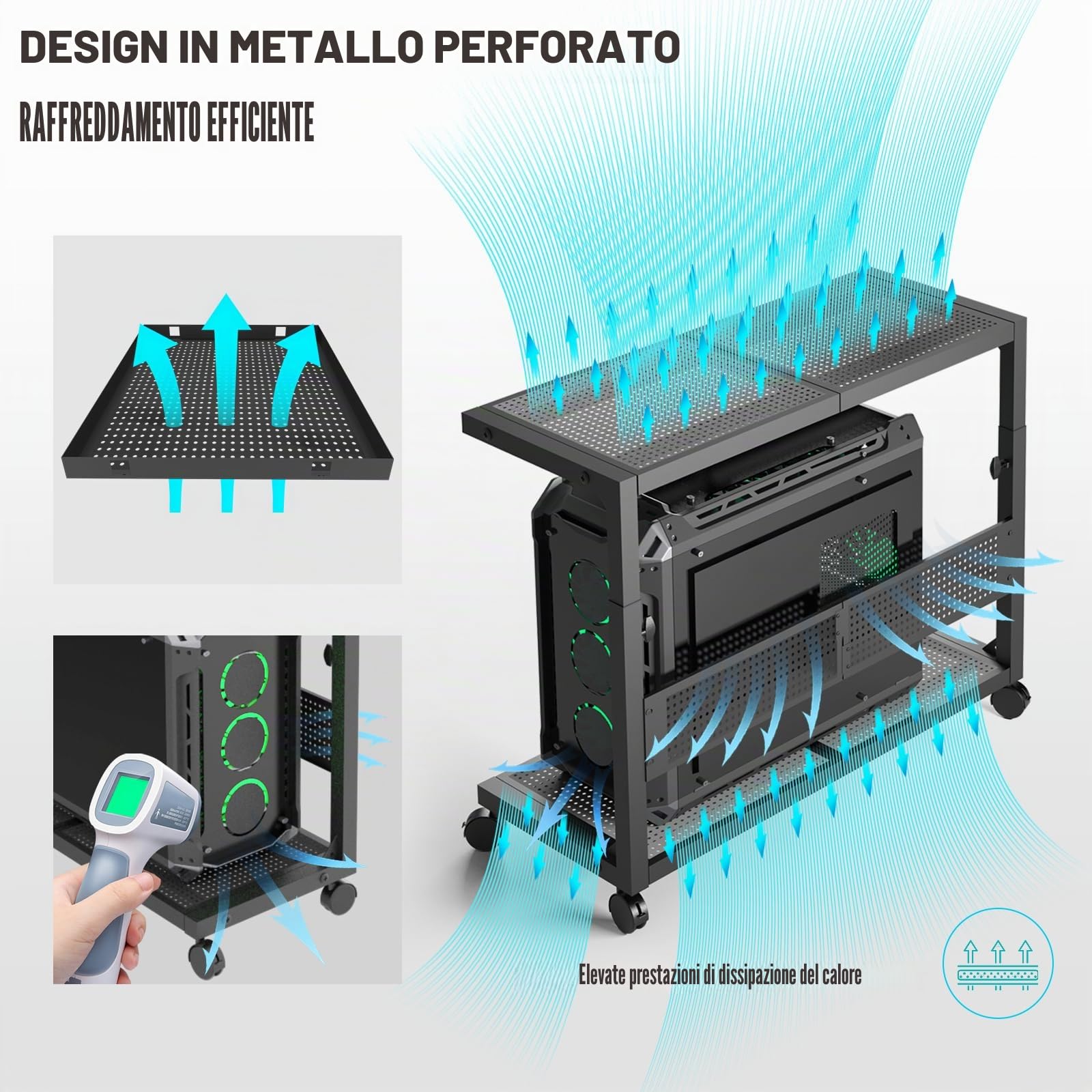 Moricher Supporto a torre per computer, regolabile in altezza, a 2 livelli, ATX, supporto per stampante da pavimento, con ruote girevoli e tappetino per mouse, accessori da gioco per casa e ufficio