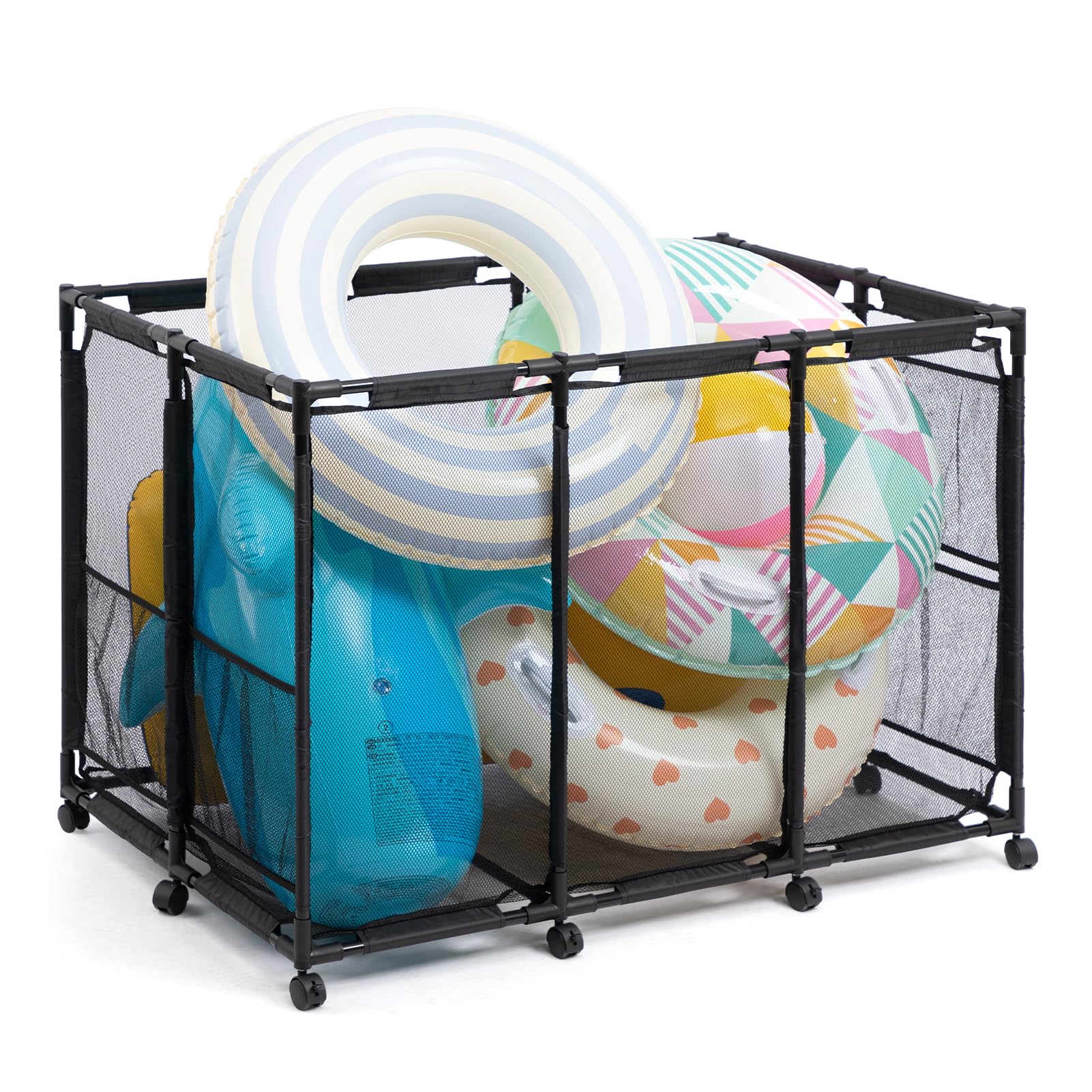 ALIMORDEN Pool Storage Bin, Rolling Large Capacity Mesh Organizer, Metal Frame Container Holder for Swimming Balls, Floats, Toys and Beach Towels, Black(48.6"x 30.5"x 33.5")