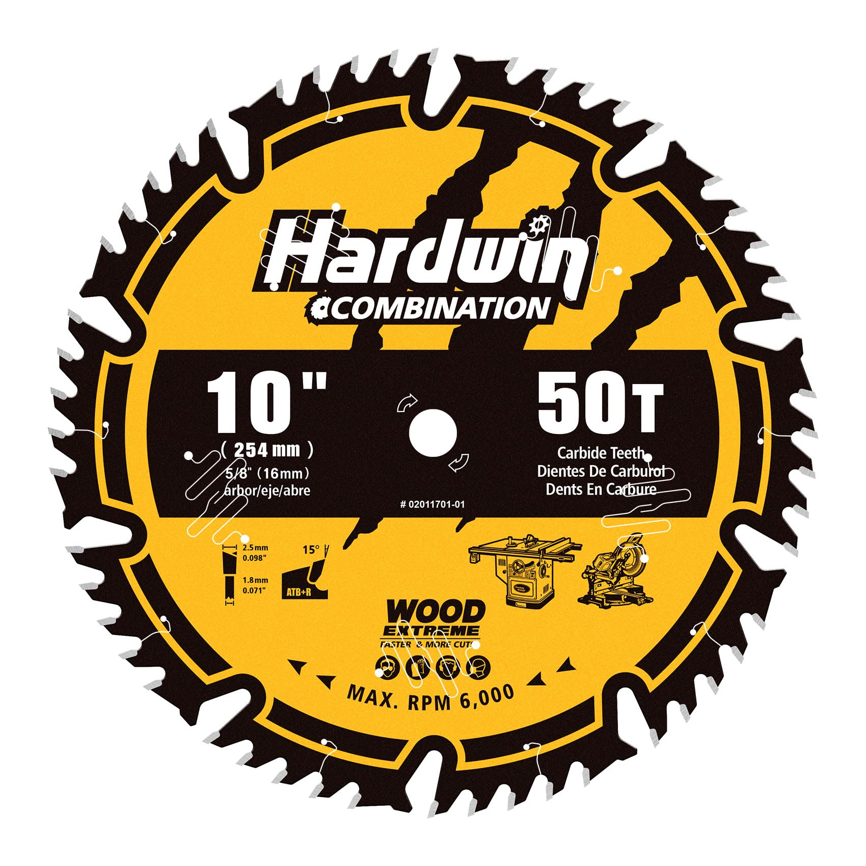 Hardwin 10-Inch 50-Tooth Combination Table Saw Blade, 5/8" Arbor, ATB Carbide Tipped Thin Kerf for Hardwood & Plywood, 6000 RPM Max, Non-Stick Coating