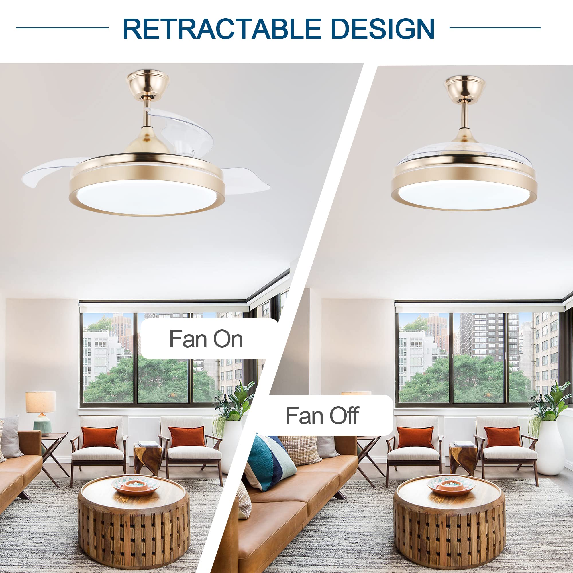 Dawn Whisper 42 Inch Retractable Ceiling Fan with Lights and Remote Ceiling Fan with Lights, 3 Retractable Blades, 3 Light Color Change, 4 Timing Options, Silent Motor, Gold