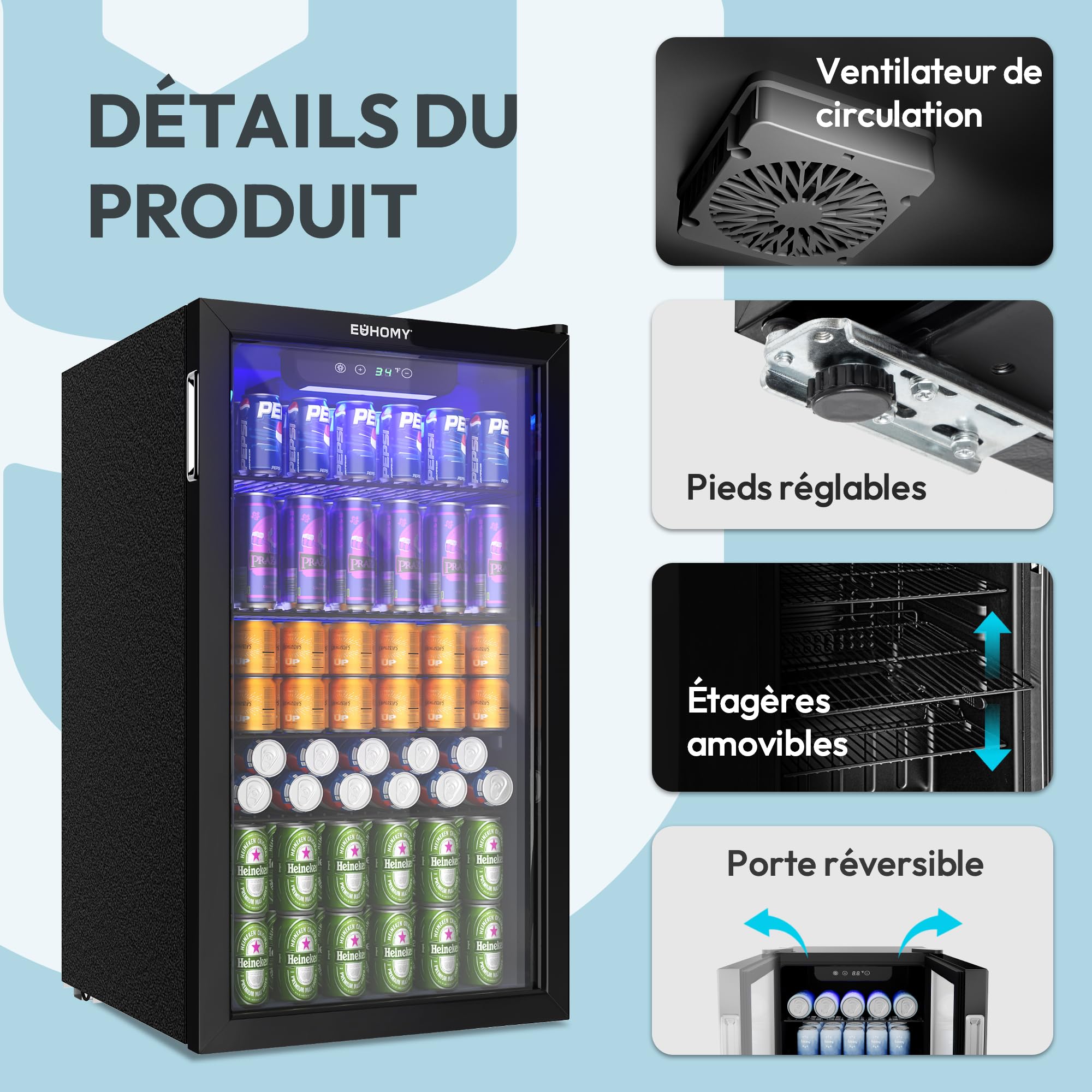 EUHOMY Réfrigérateur à Boissons 90 L Avec Porte Vitrée, Mini Frigo Pour 126 Canettes, Mini Réfrigérateur Avec étagères Réglables, Idéal Comme Cave à Vin, Mini Réfrigérateur Pour Bureau ou Bar Noir