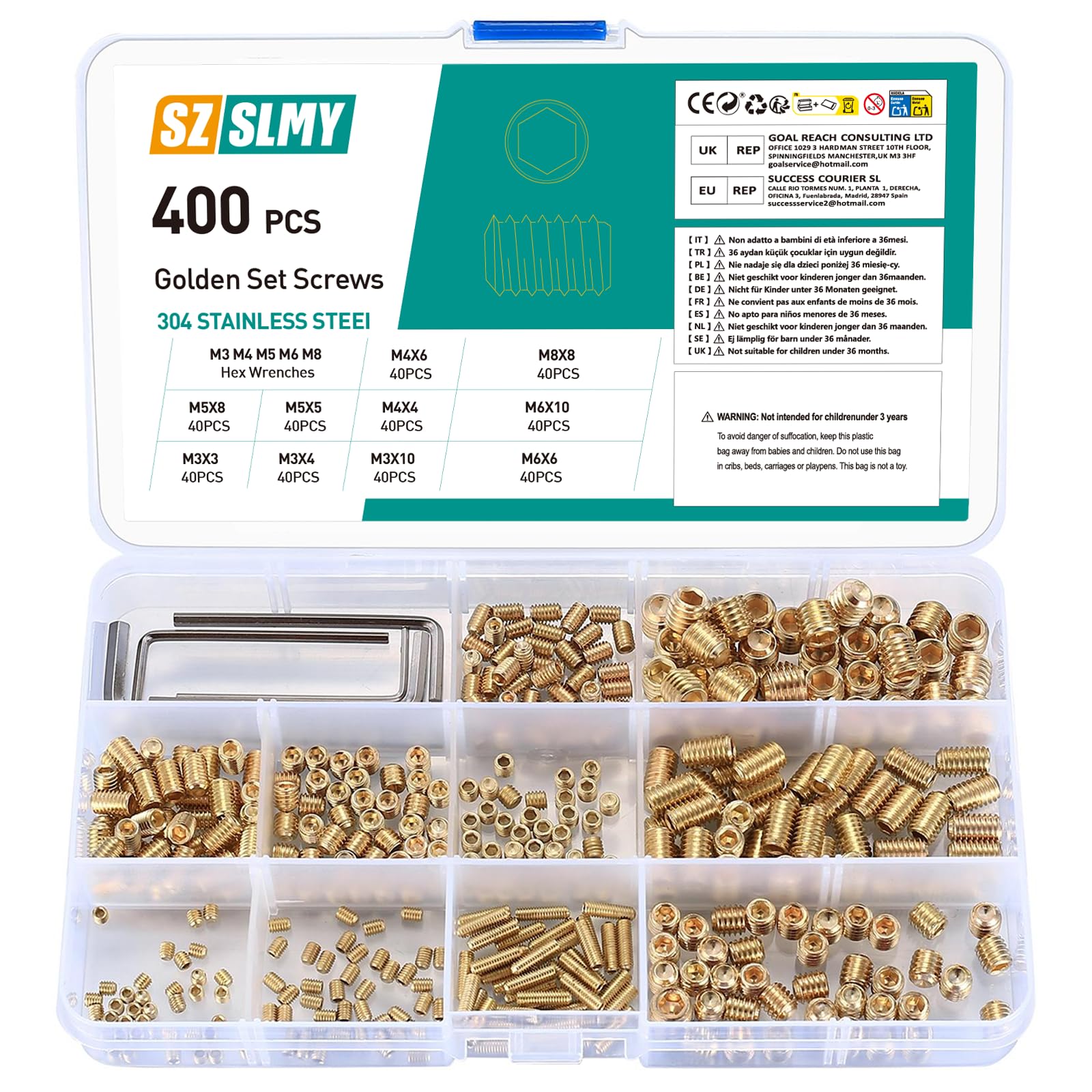Set of 400 Grub Screws Set, M3/M4/M5/M6/M8 Grub Screws Assortment Kit, Hexagonal Head Screws for Door Handle, Door Handle Holder, Hexagonal Grub Screws, with Hex Key, Gold (400)