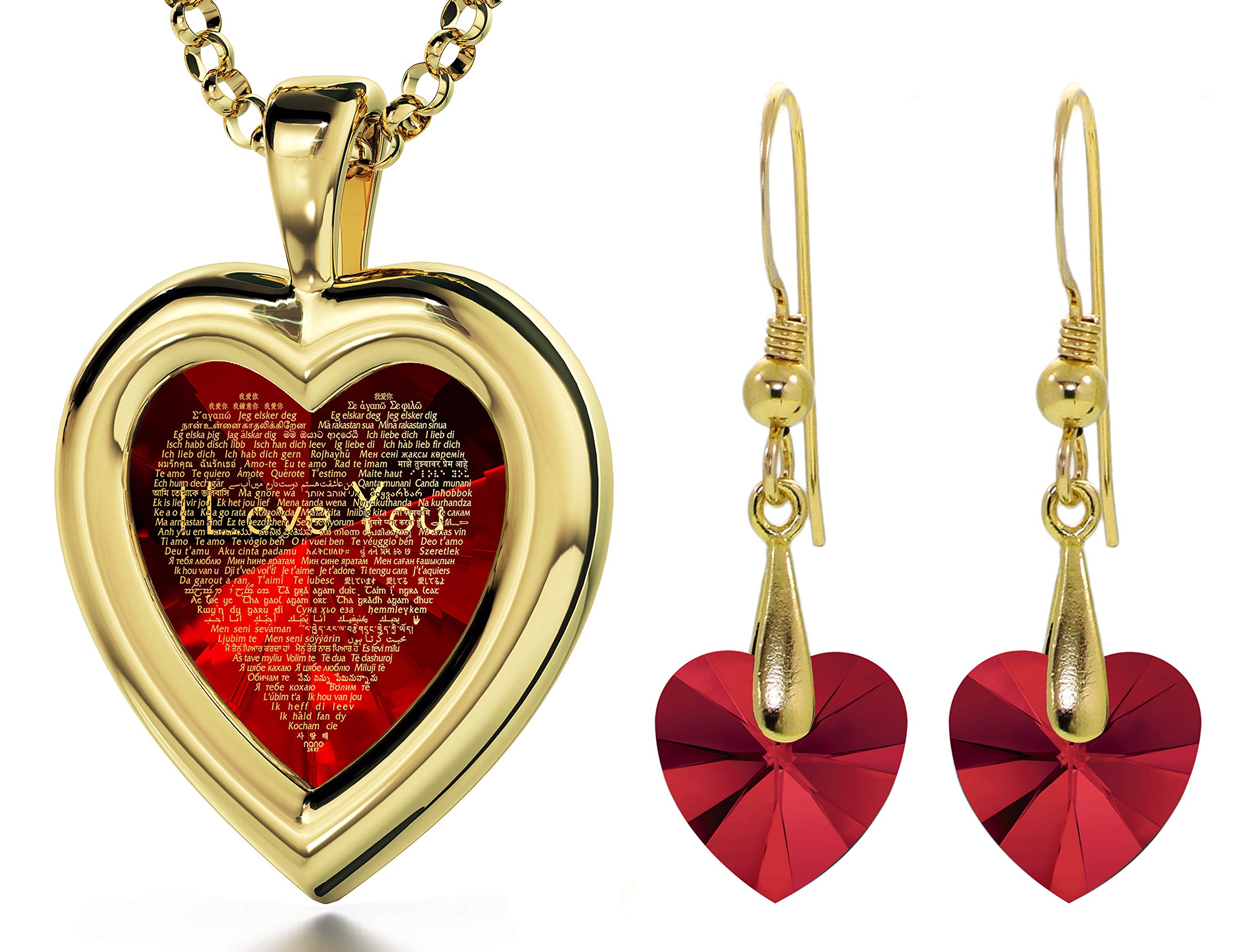 NanoStyleGold Plated Silver Romantic Heart Jewelry Set I Love You Necklace Pure Gold Inscribed in 120 Languages in Miniature Text on Heart-Shaped Cubic Zirconia Gemstone and Crystal Earrings