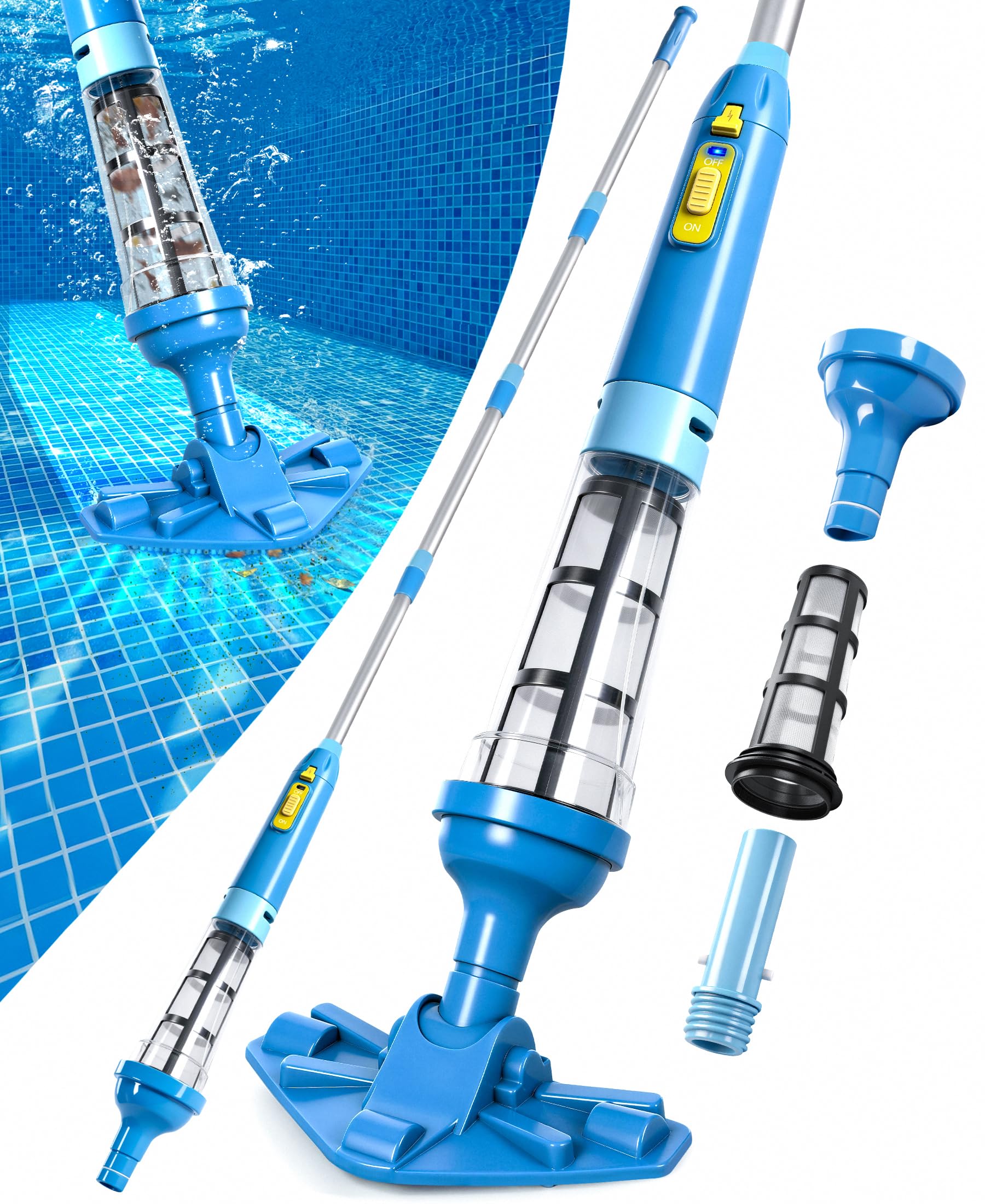 LanBlu Aspirador de Piscina con Pértiga Telescópica, 5200mAh Aspirador Piscina Bateria Tiempo de Funcionamiento hasta 90 Minutos, 60L/Min Potente Succión Aspiradora Piscinas Fondos para SPA Piscinas