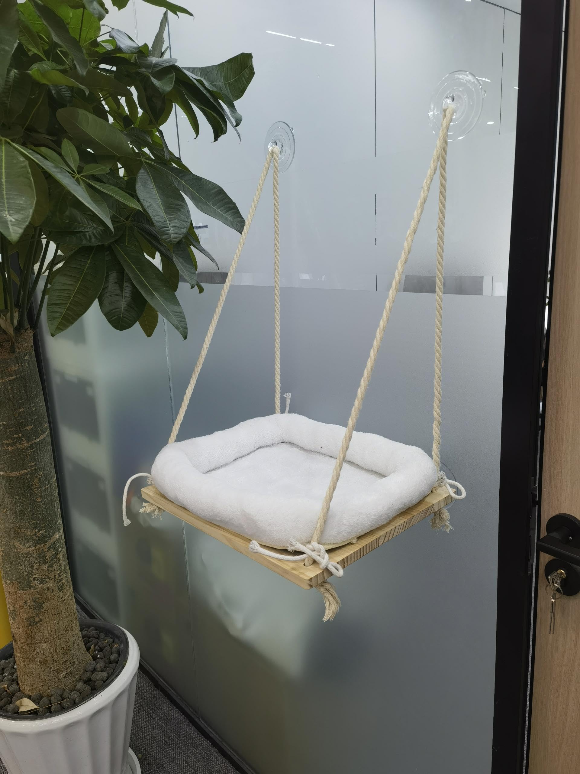 Cat Window Perch - Rustic Cat Hammock Bed with Solid Wood Seat - 4 Heavy - Duty Suction Cups, Plush Cushion - Indoor Window Perch Shelf for Cats